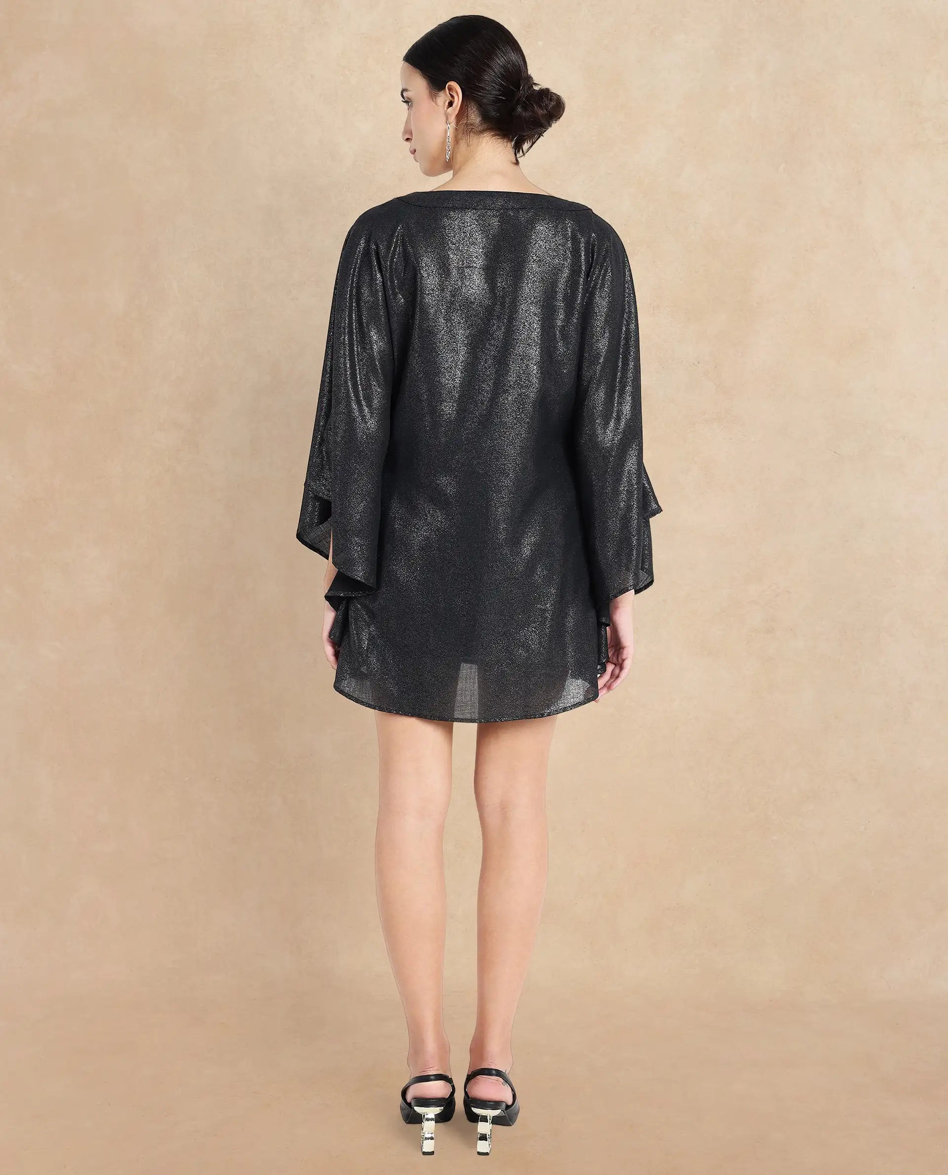 Rareism Women's Esmese Black Polyester V-Neck Plain Extended Sleeves Mini Relaxed Fit Dress