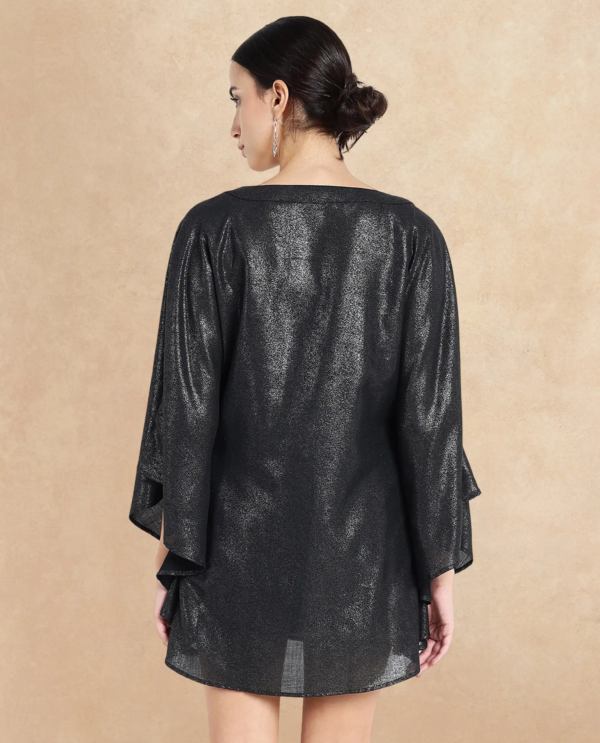 Rareism Women's Esmese Black Polyester V-Neck Plain Extended Sleeves Mini Relaxed Fit Dress