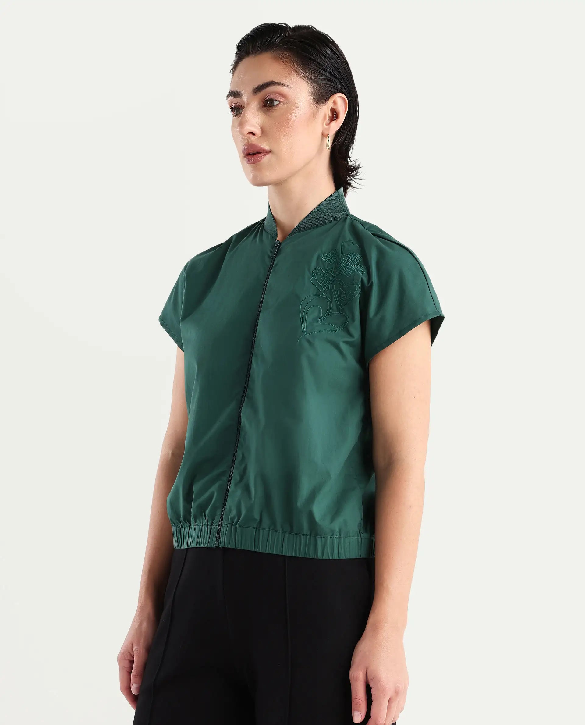 Rareism Women's Esmetu Dark Green Cotton Ribbed Collar Embroidered Extended Sleeves Regular Fit Top