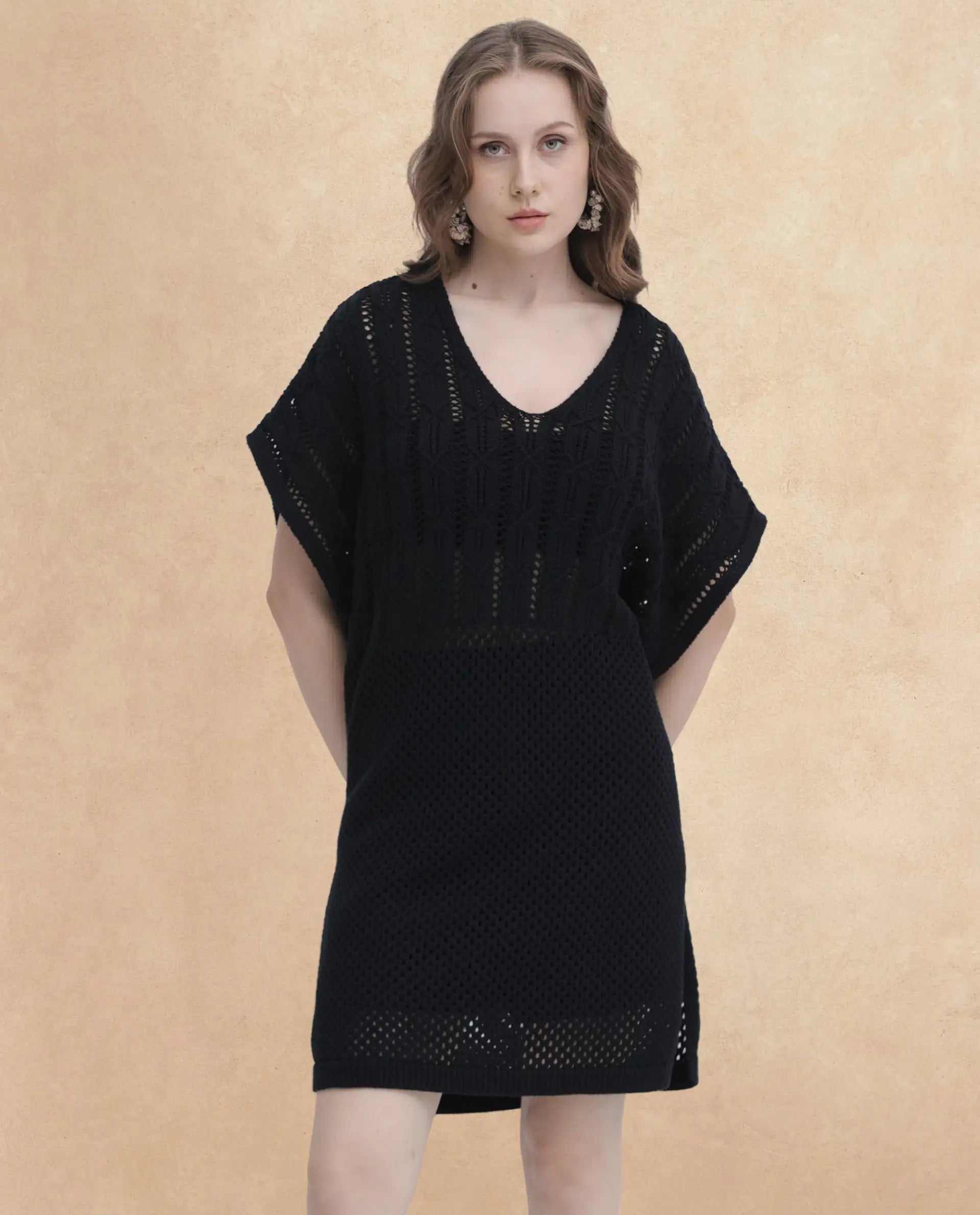 Rareism Women Espantiago Black Cotton Fabric Short Sleeves V-Neck Extended Sleeve Relaxed Fit Plain Knee Length Dress