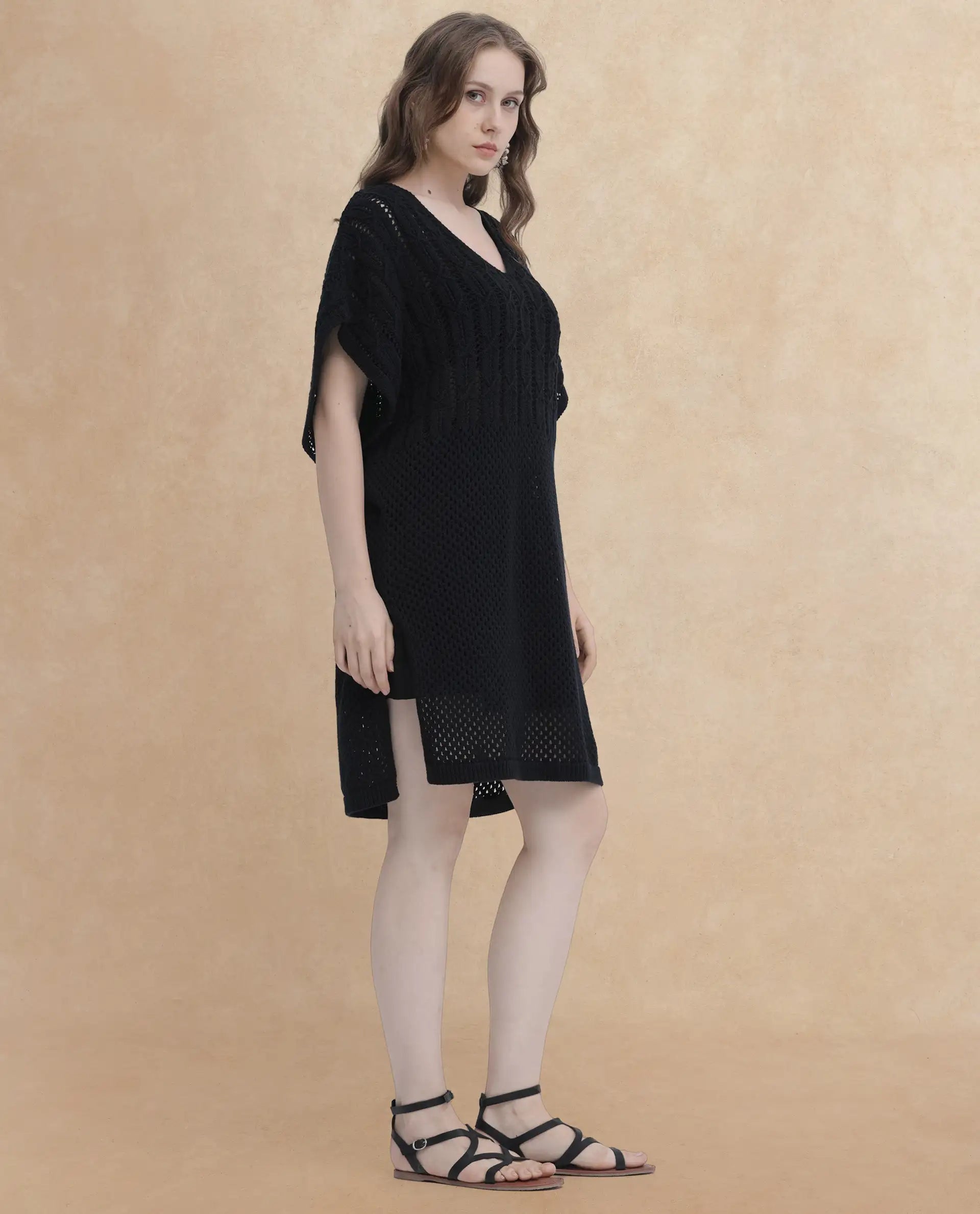 Rareism Women Espantiago Black Cotton Fabric Short Sleeves V-Neck Extended Sleeve Relaxed Fit Plain Knee Length Dress