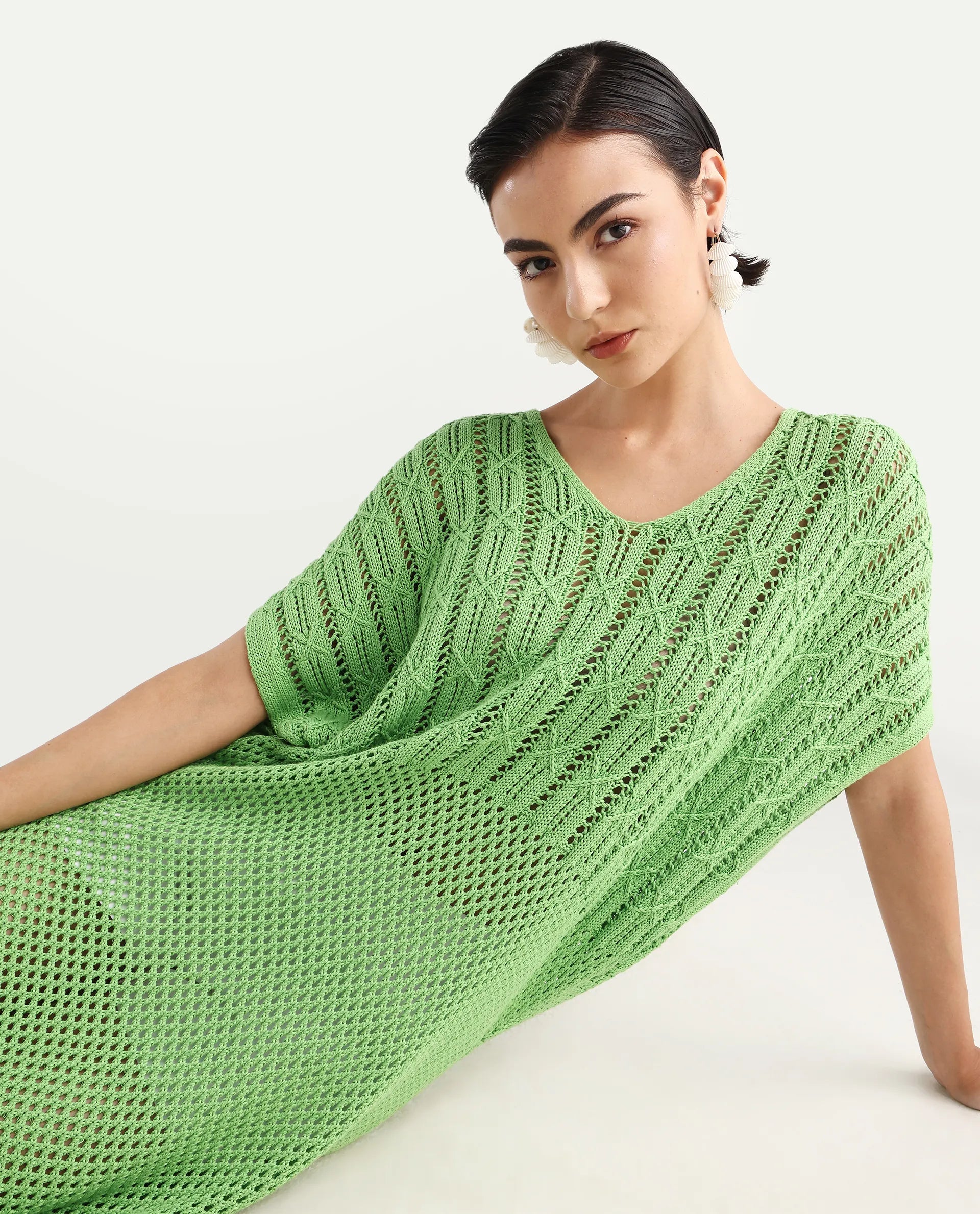 Rareism Women's Espantiago Green Cotton V-Neck Plain Extended Sleeves Knee Length Relaxed Fit Dress