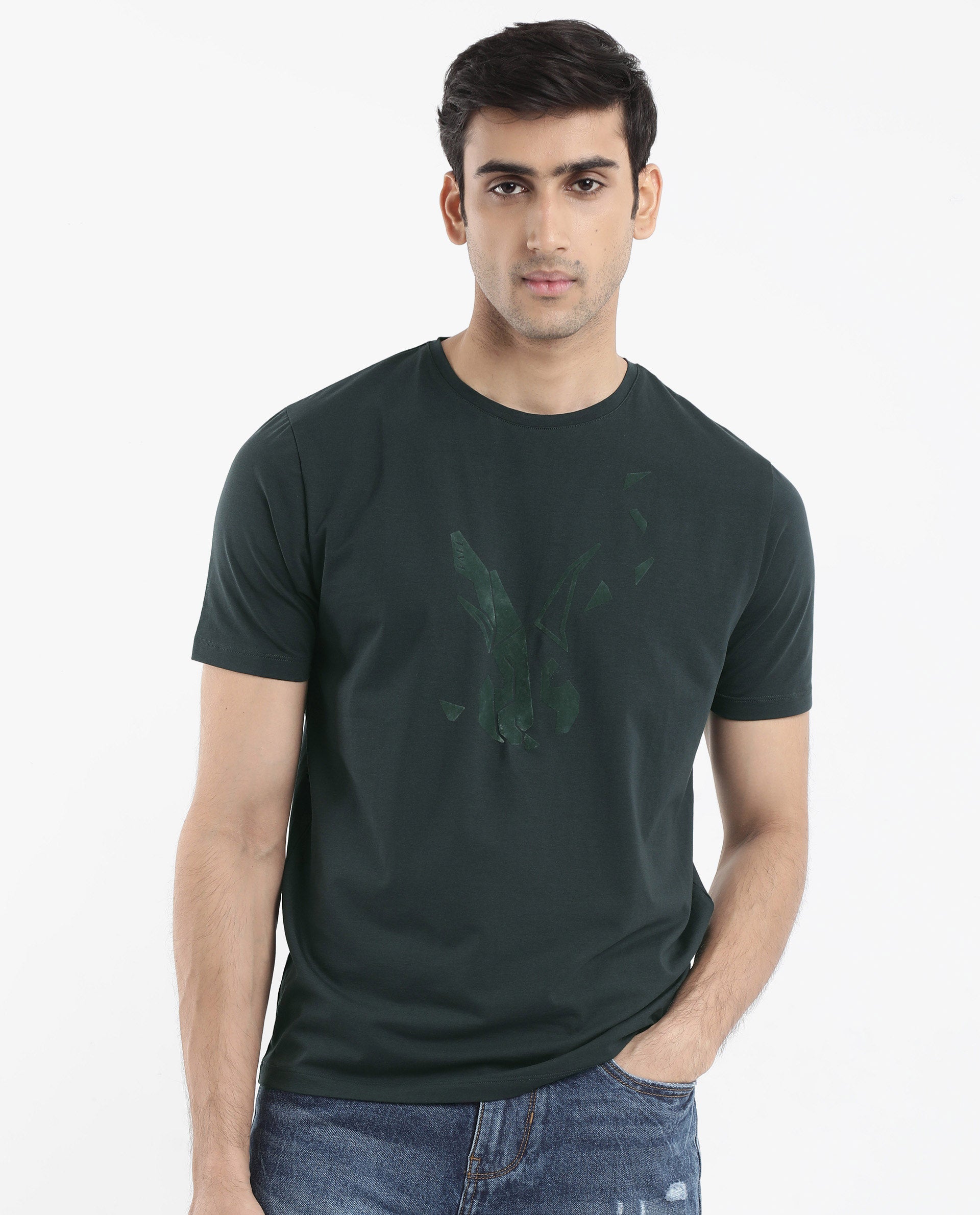 Rare Rabbit Men Esse Dark Green Cotton Lycra Fabric Short Sleeve Crew Neck Regular Fit Graphic Flock Logo Print T-Shirt