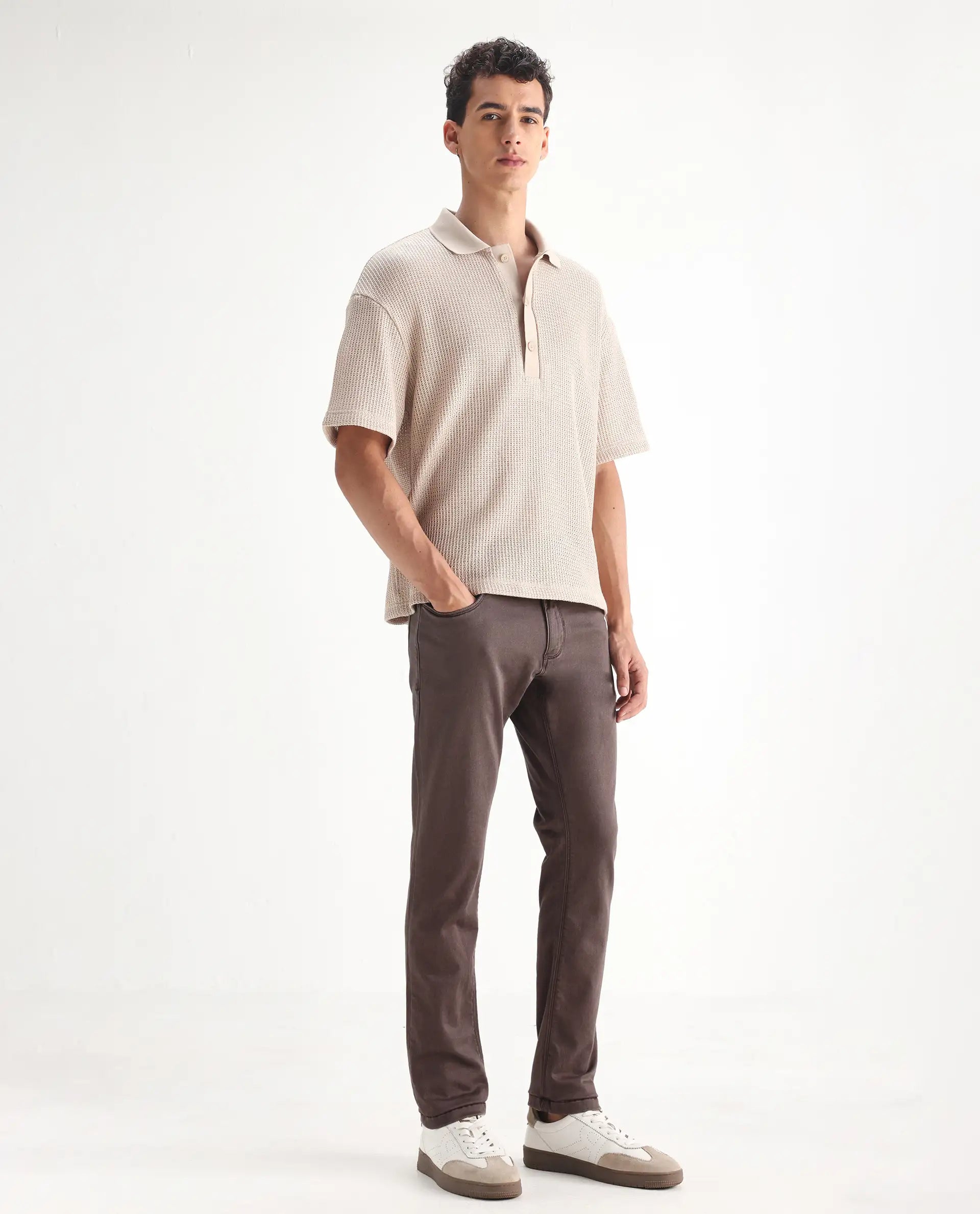 Rare Rabbit Men's Essen Dark Brown Cotton Plain Hawk Slim Fit Jeans