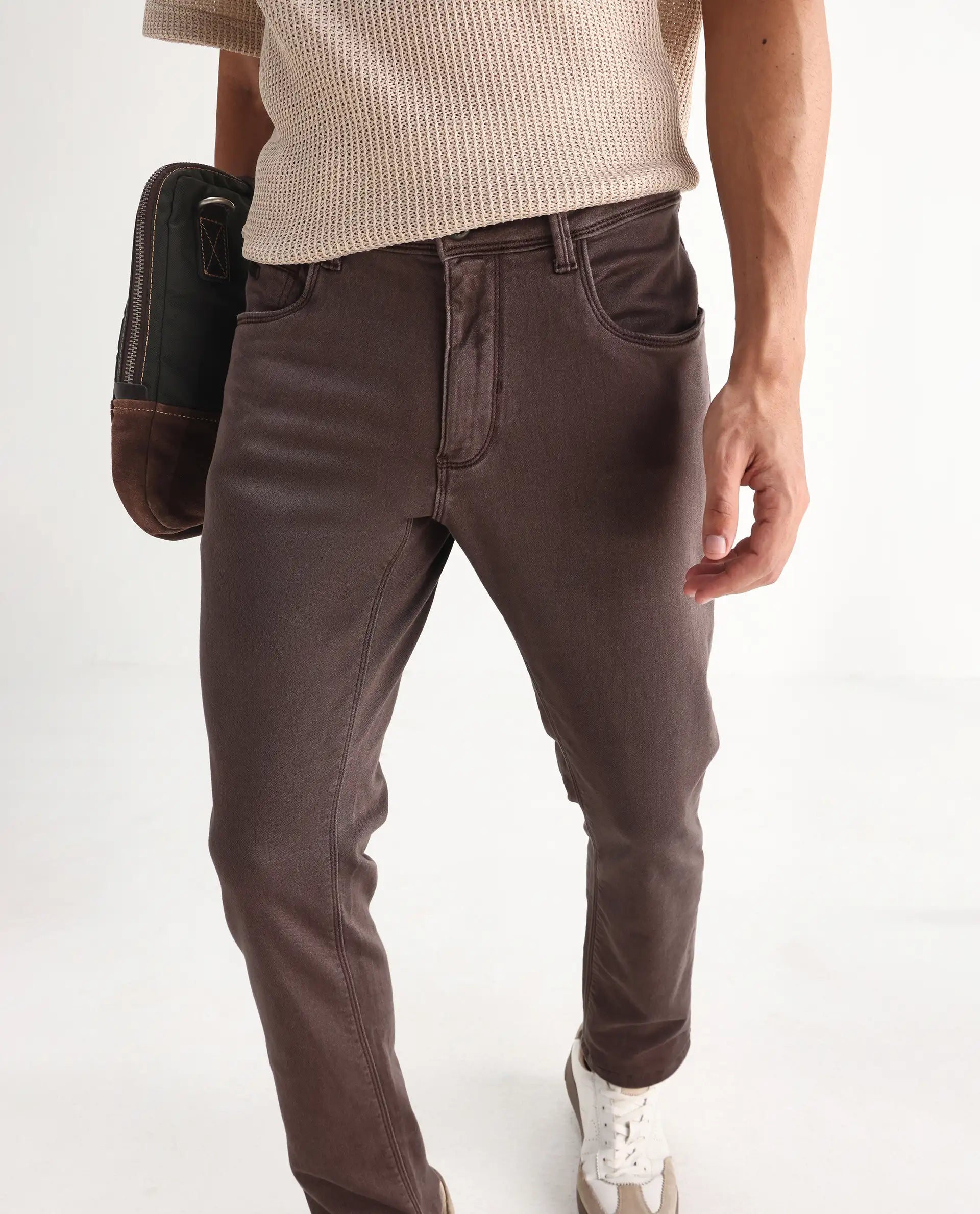 Rare Rabbit Men's Essen Dark Brown Cotton Plain Hawk Slim Fit Jeans