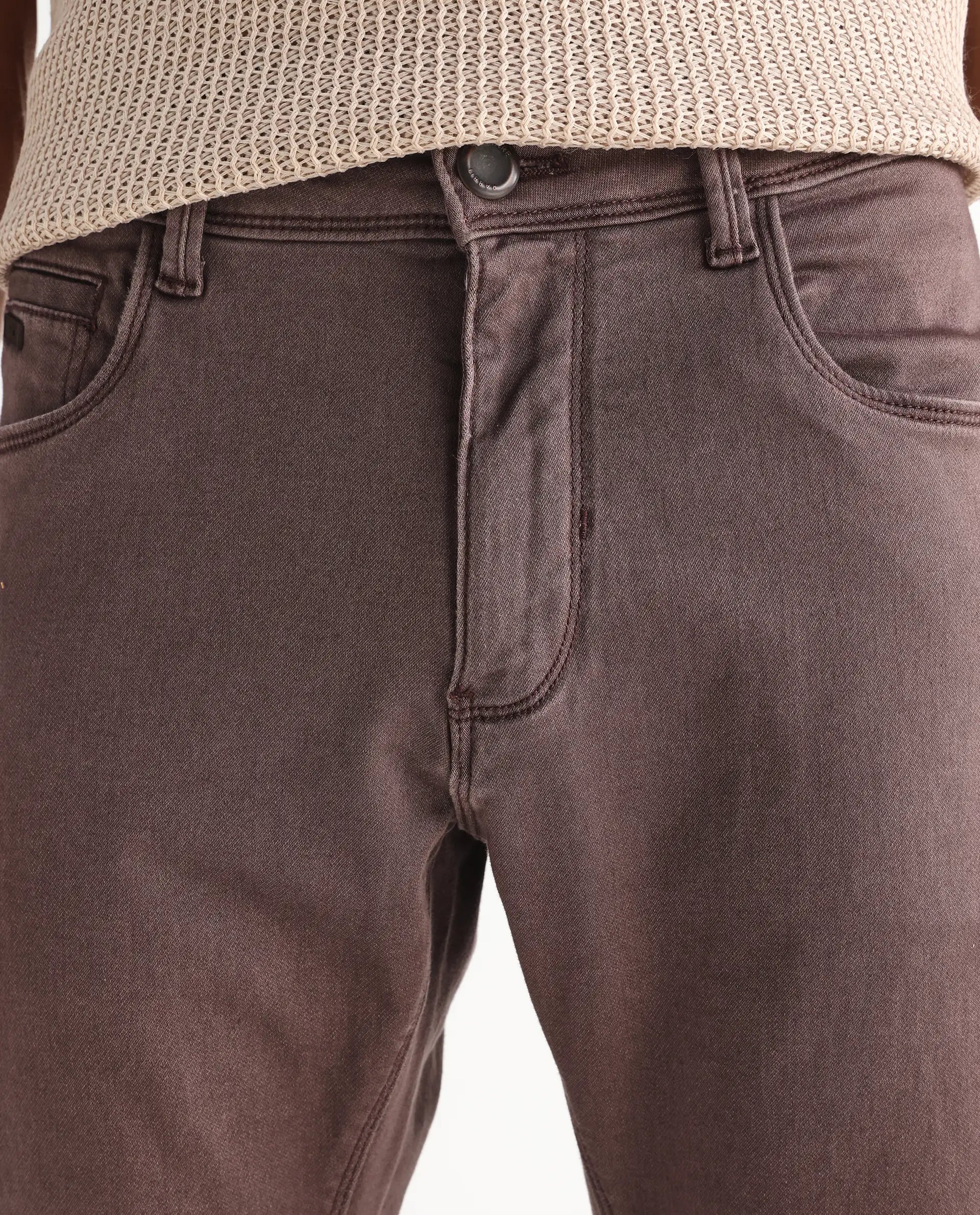 Rare Rabbit Men's Essen Dark Brown Cotton Plain Hawk Slim Fit Jeans