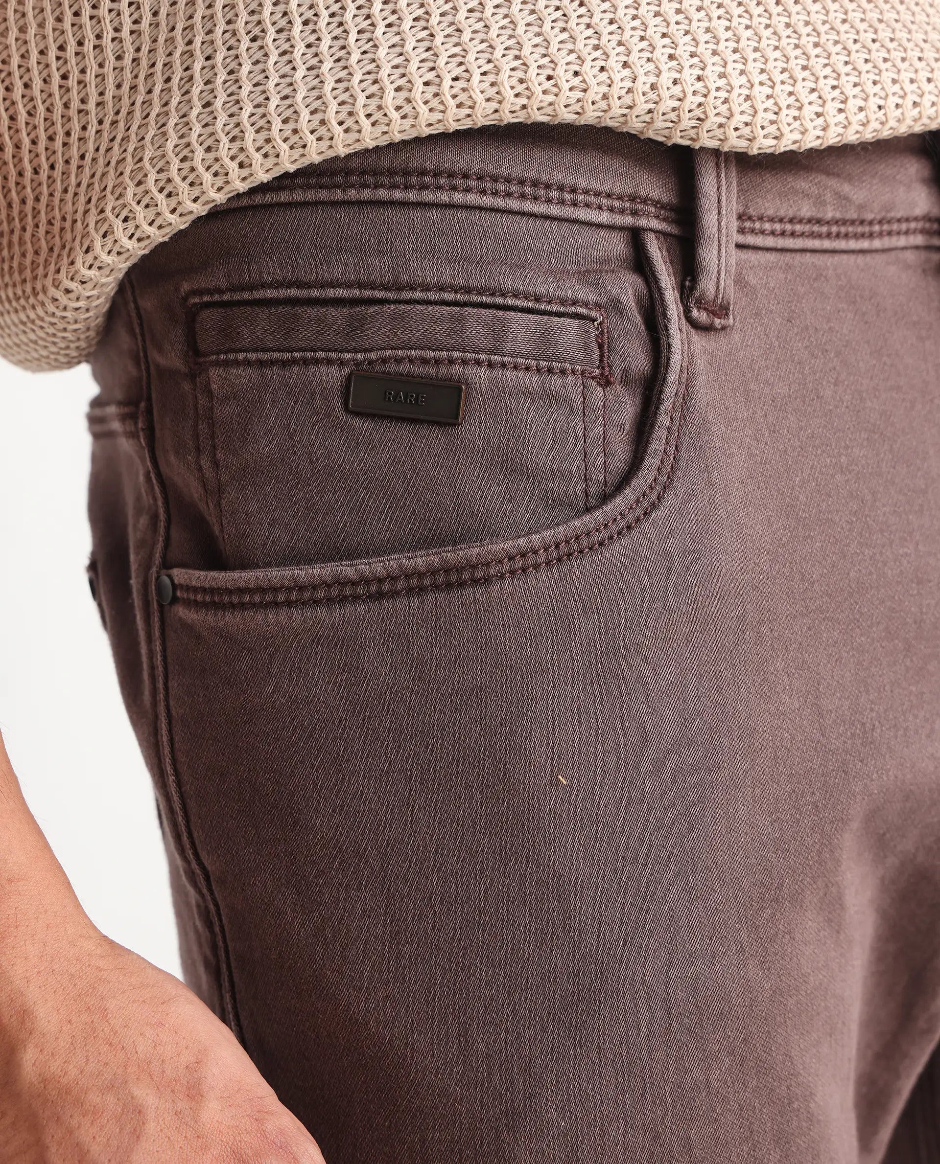 Rare Rabbit Men's Essen Dark Brown Cotton Plain Hawk Slim Fit Jeans