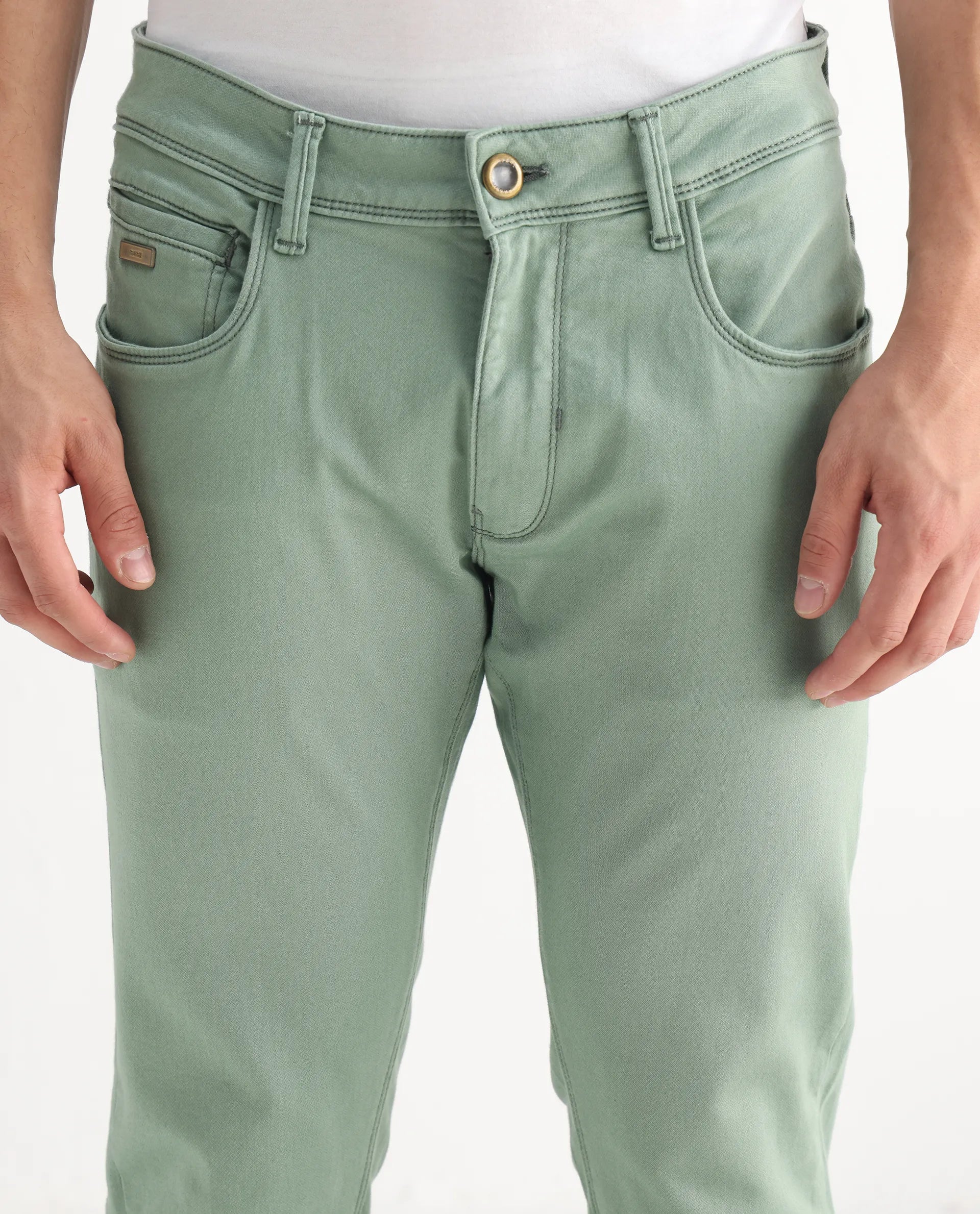 Rare Rabbit Men's Essen Light Green Cotton Plain Hawk Slim Fit Jeans