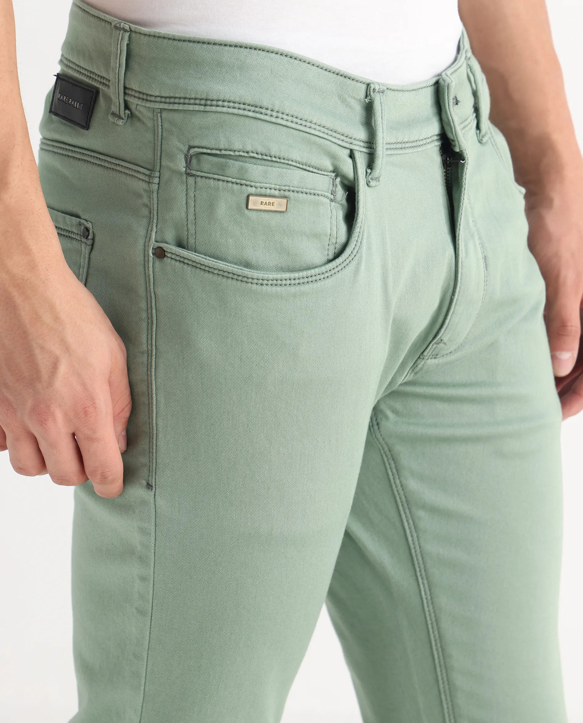 Rare Rabbit Men's Essen Light Green Cotton Plain Hawk Slim Fit Jeans