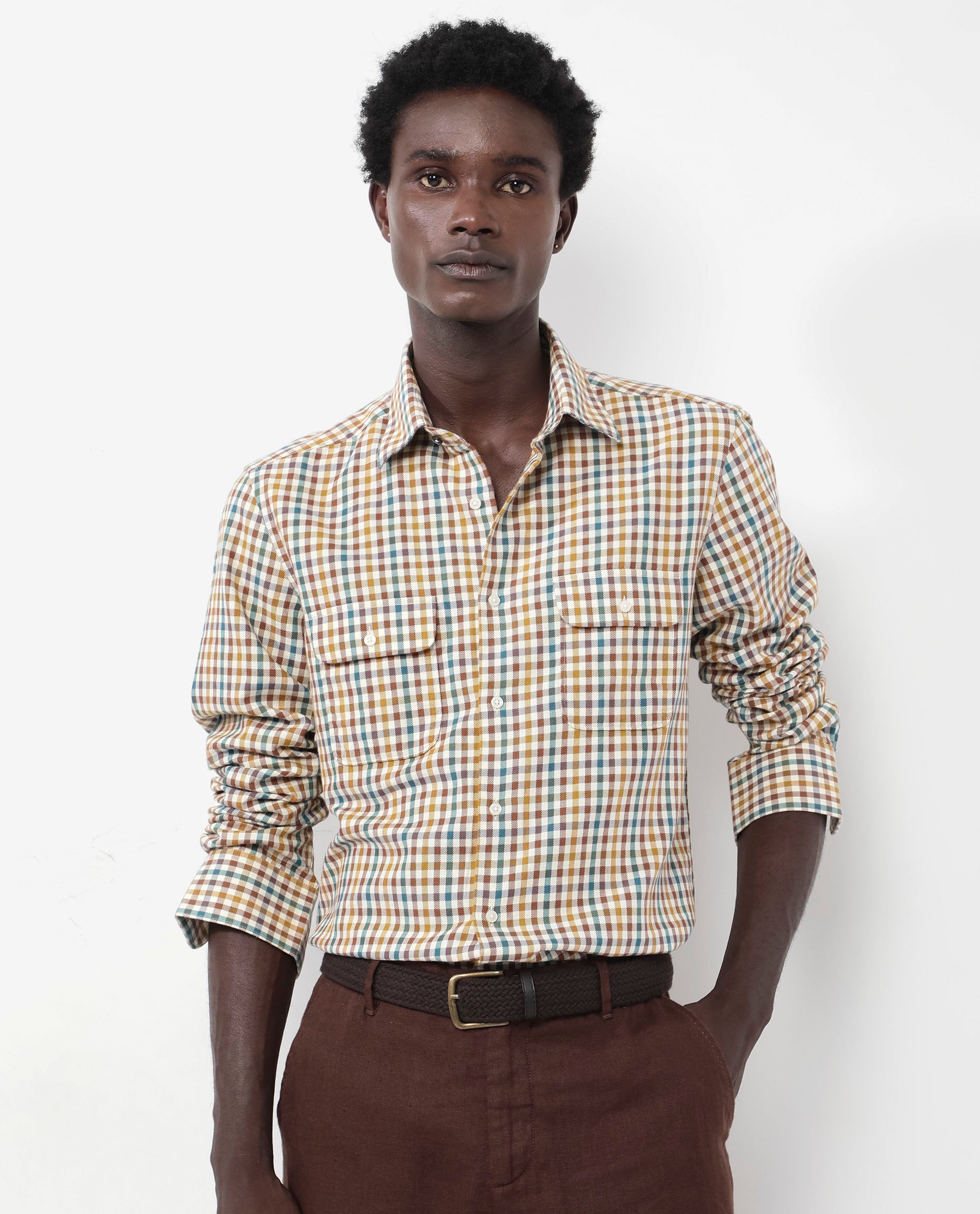 Rare Rabbit Mens Essen Mustard Cotton Fabric Full Sleeve Regular Fit Gingham Checks Print Twill Shirt