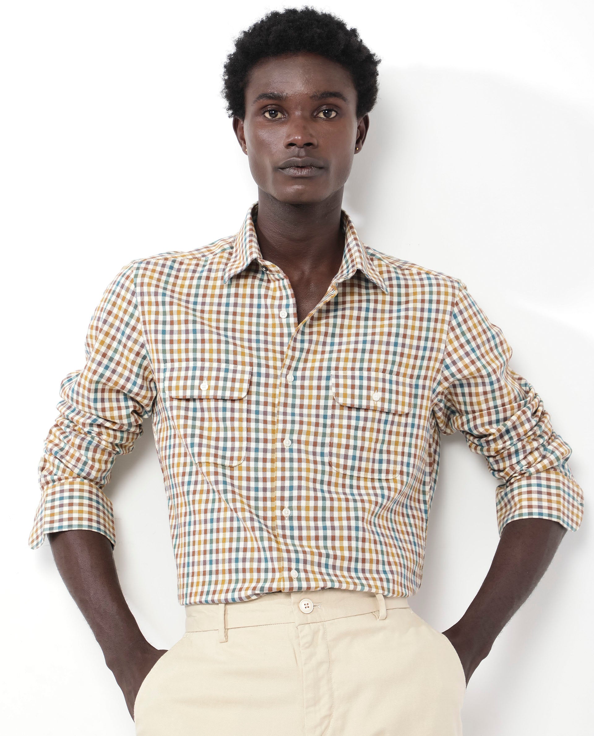 Rare Rabbit Mens Essen Mustard Cotton Fabric Full Sleeve Regular Fit Gingham Checks Print Twill Shirt