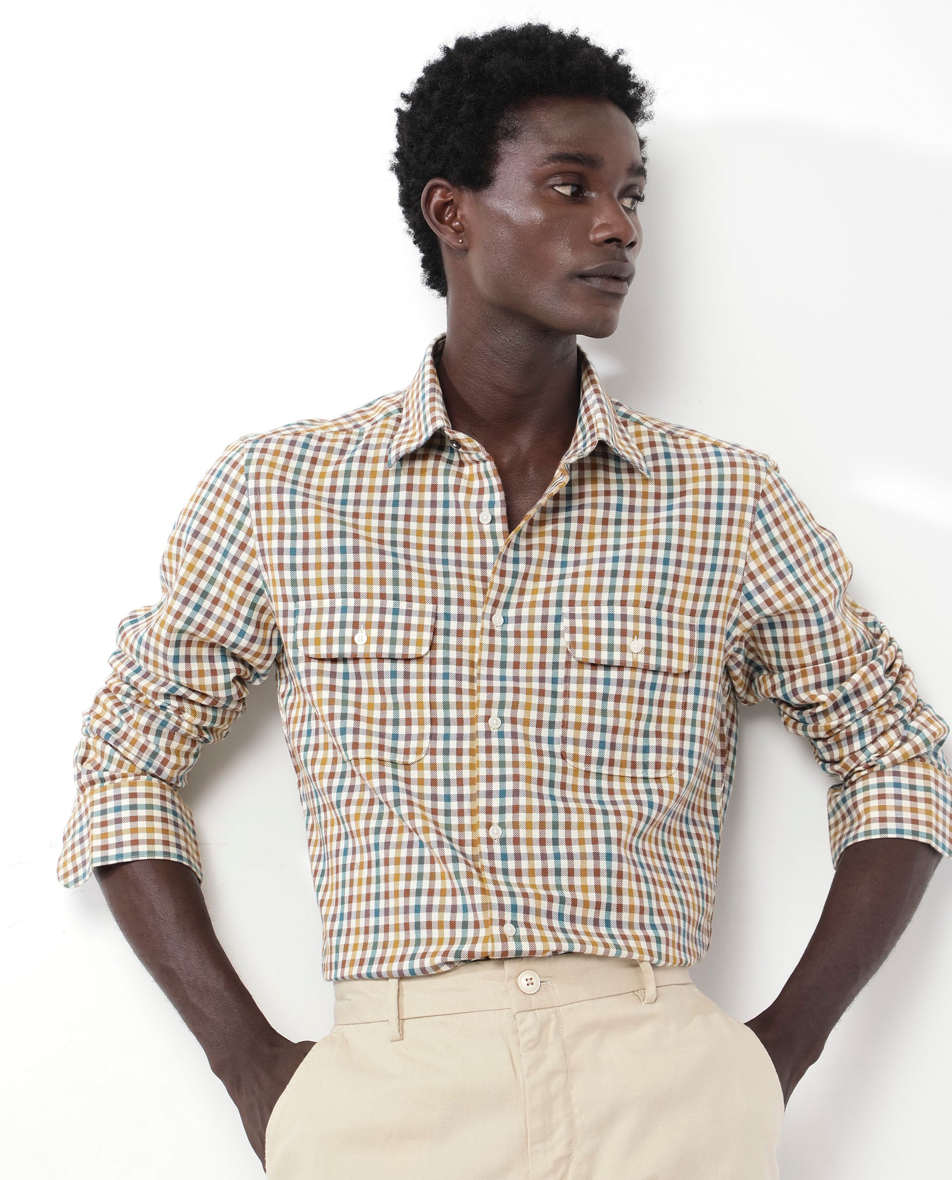 Rare Rabbit Mens Essen Mustard Cotton Fabric Full Sleeve Regular Fit Gingham Checks Print Twill Shirt