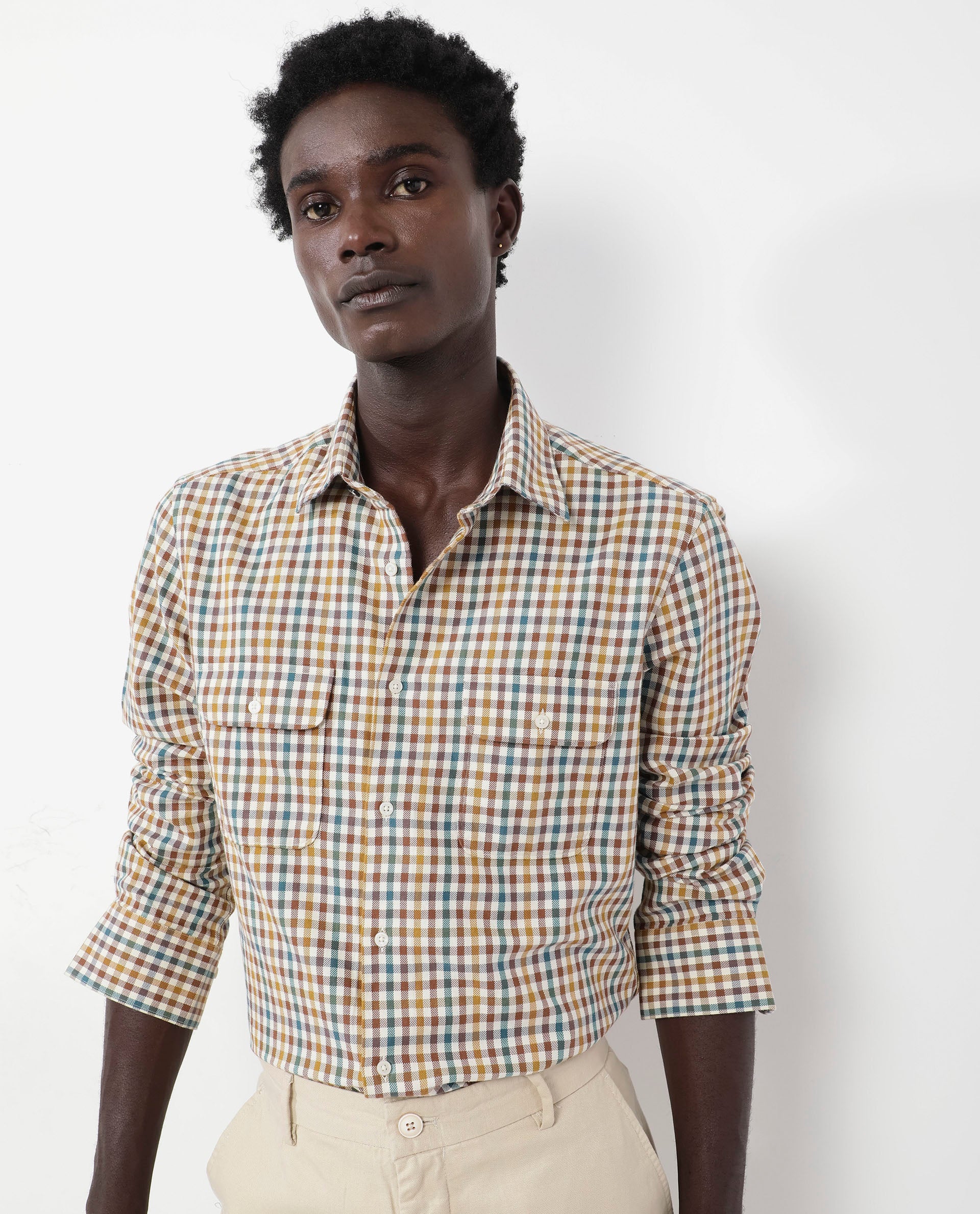 Rare Rabbit Mens Essen Mustard Cotton Fabric Full Sleeve Regular Fit Gingham Checks Print Twill Shirt