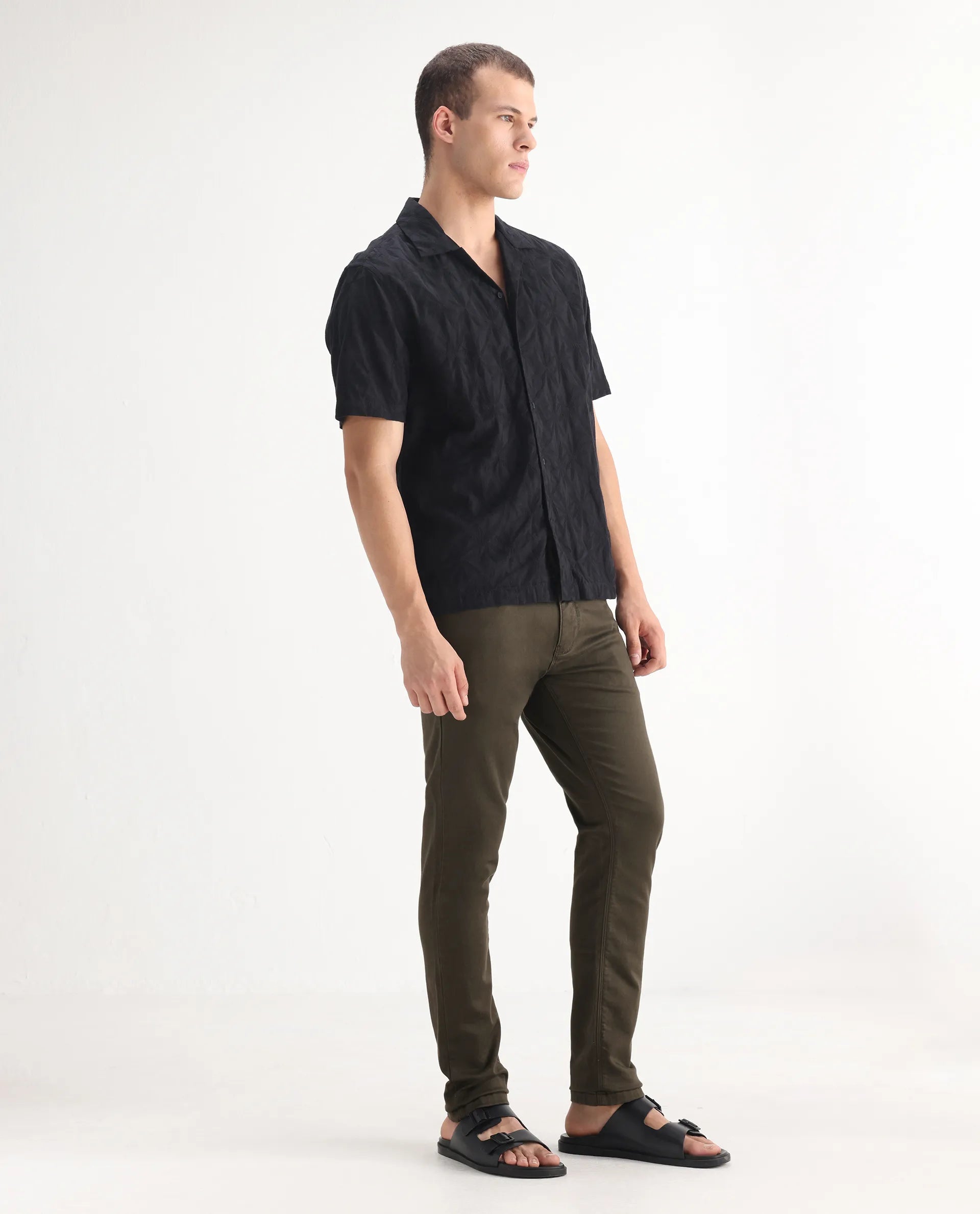 Rare Rabbit Men's Essen Dark Olive Cotton Plain Hawk Slim Fit Jeans