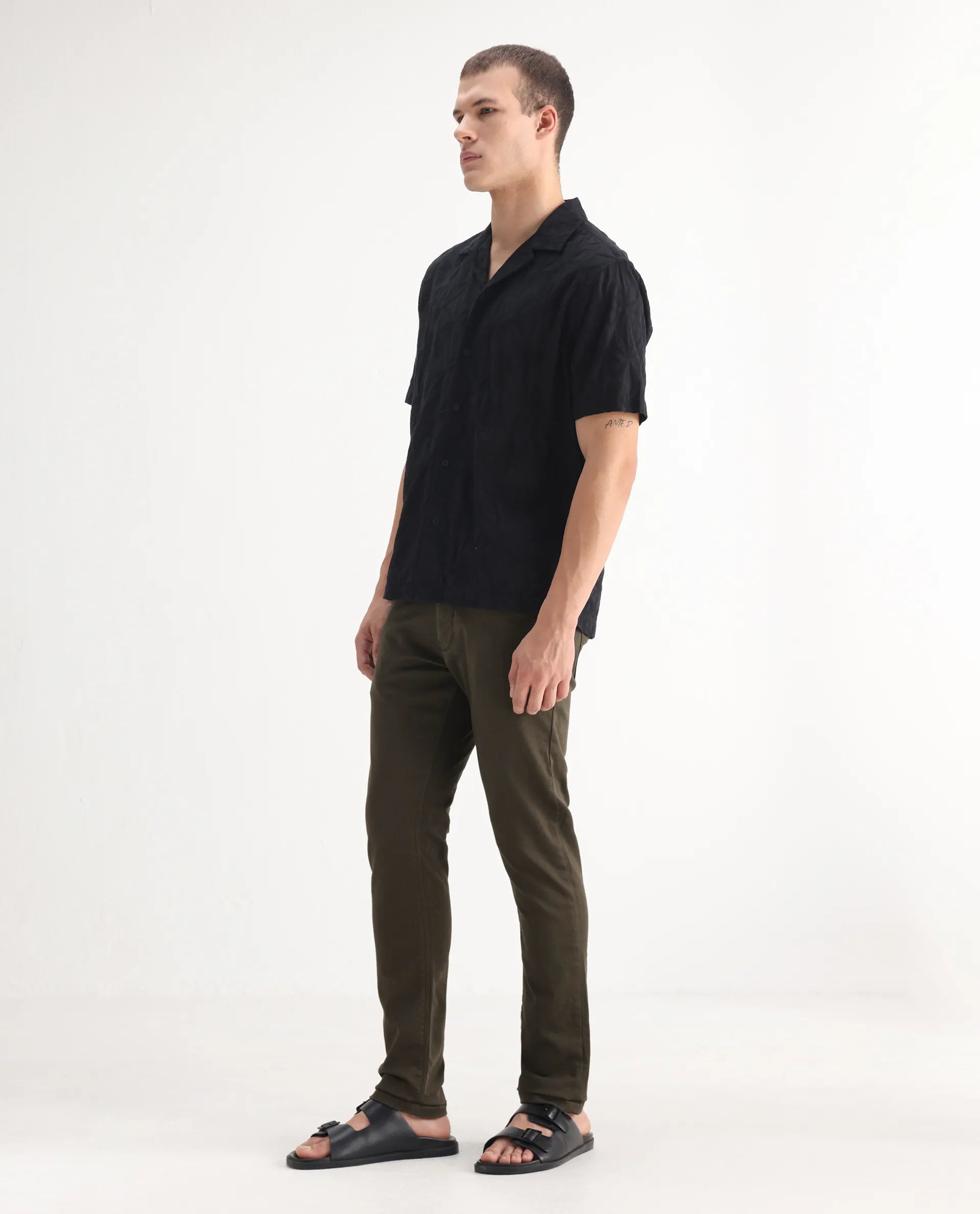 Rare Rabbit Men's Essen Dark Olive Cotton Plain Hawk Slim Fit Jeans
