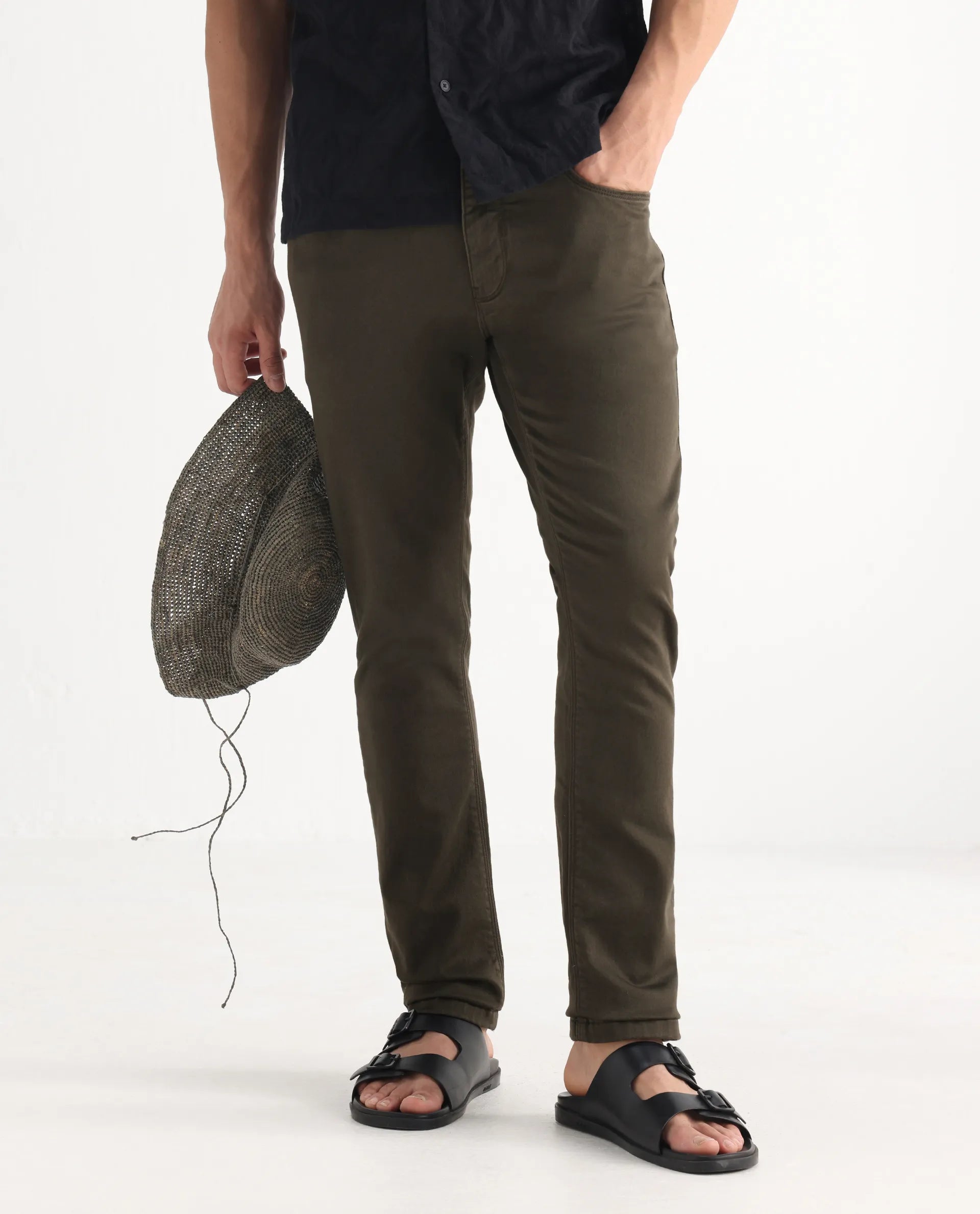 Rare Rabbit Men's Essen Dark Olive Cotton Plain Hawk Slim Fit Jeans