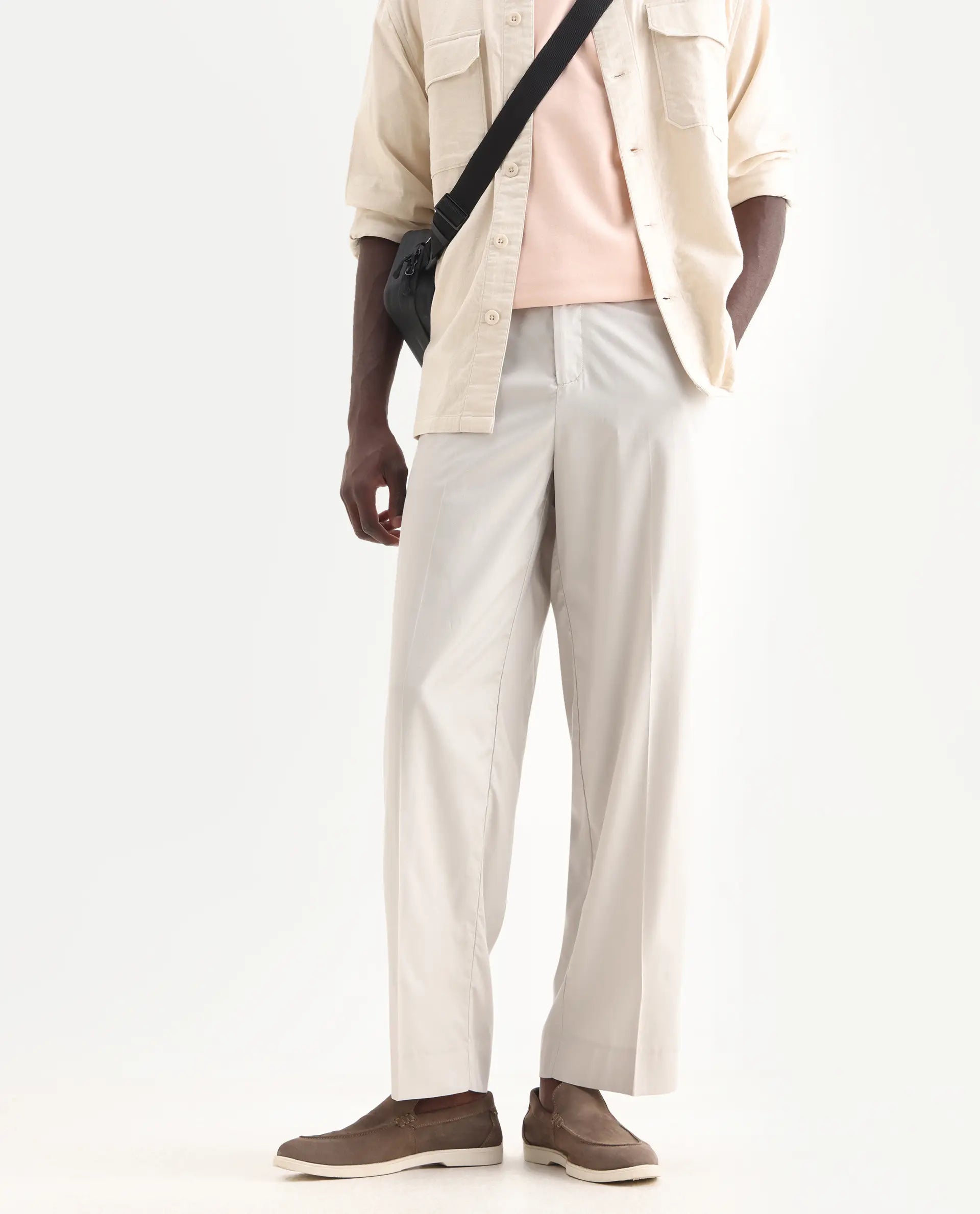 Rare Rabbit Men's Essot Grey Cotton Blend Plain Baggy Fit Trouser