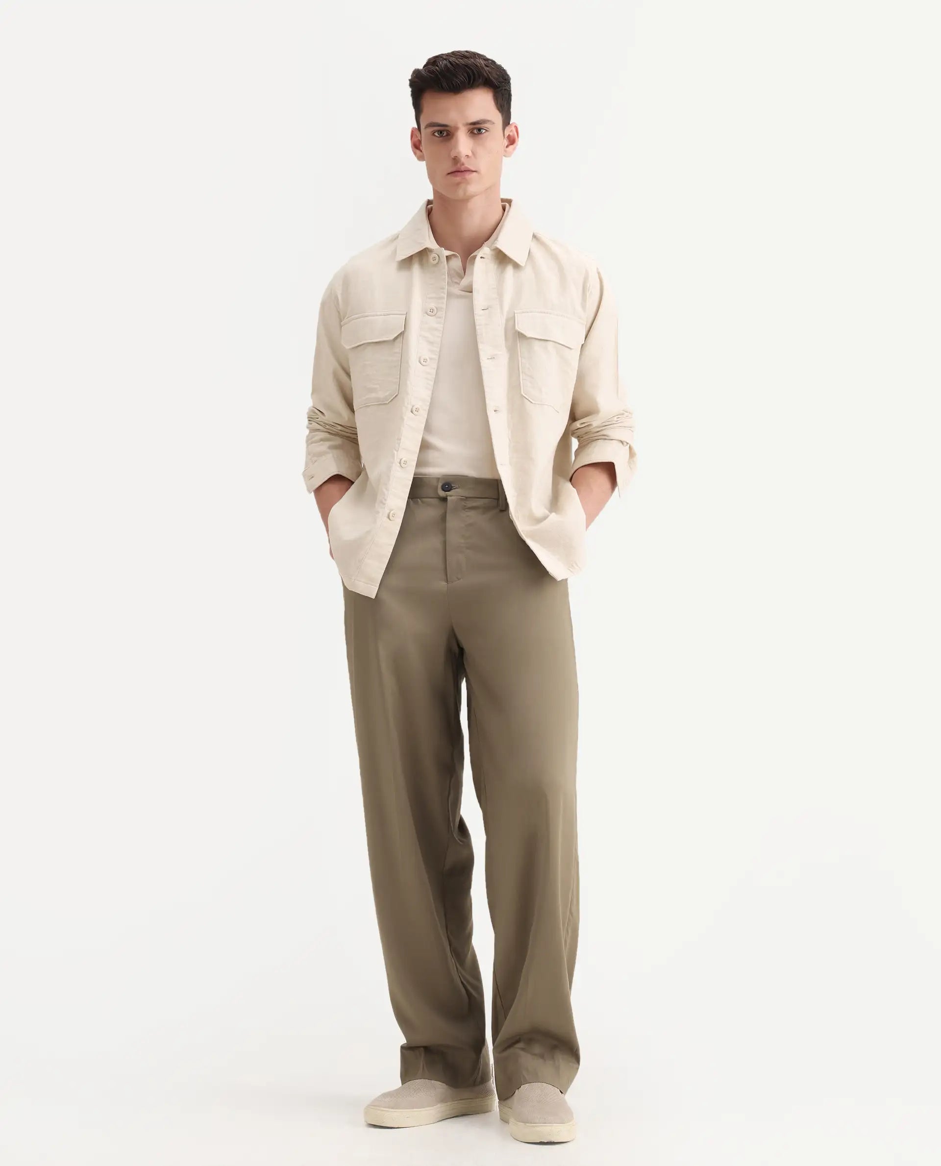 Rare Rabbit Men's Essot Khaki Cotton Blend Plain Baggy Fit Trouser