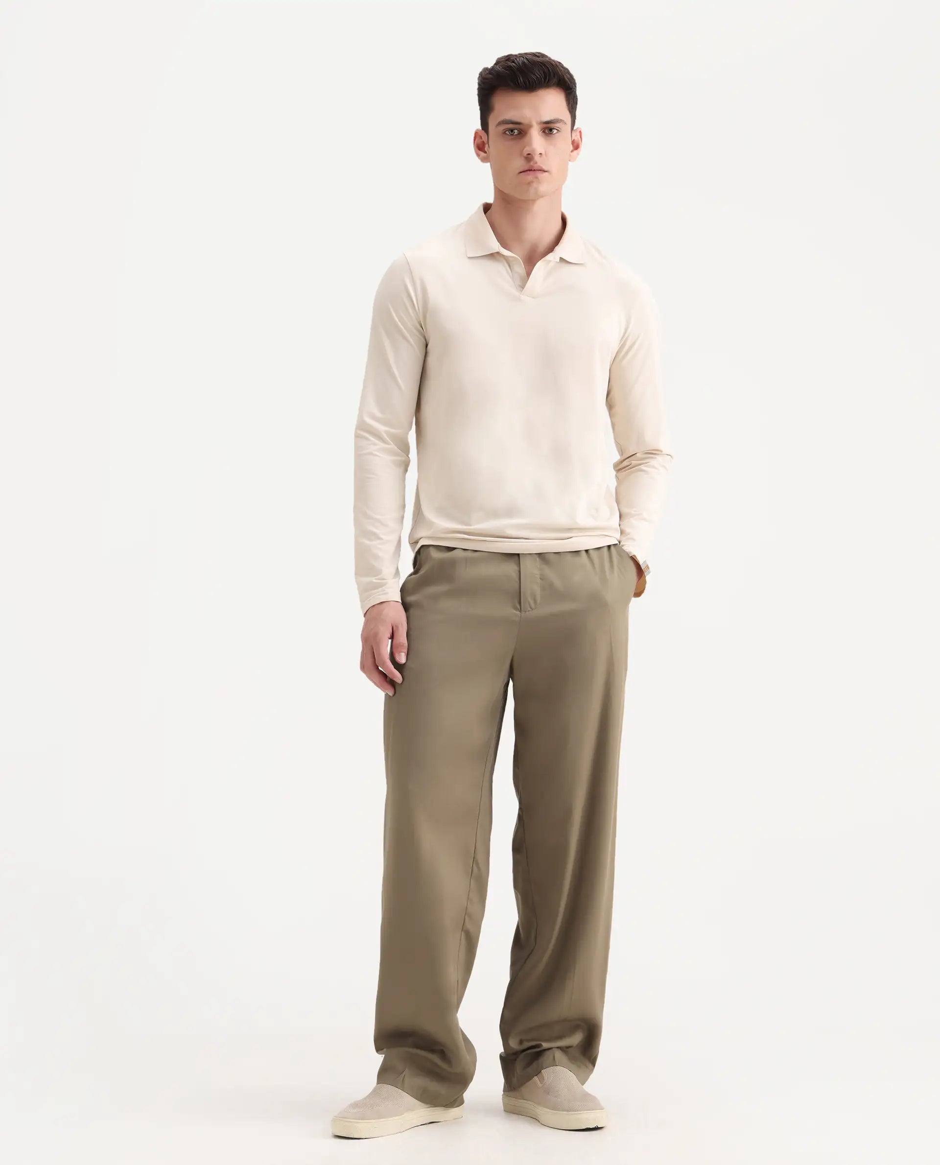 Rare Rabbit Men's Essot Khaki Cotton Blend Plain Baggy Fit Trouser