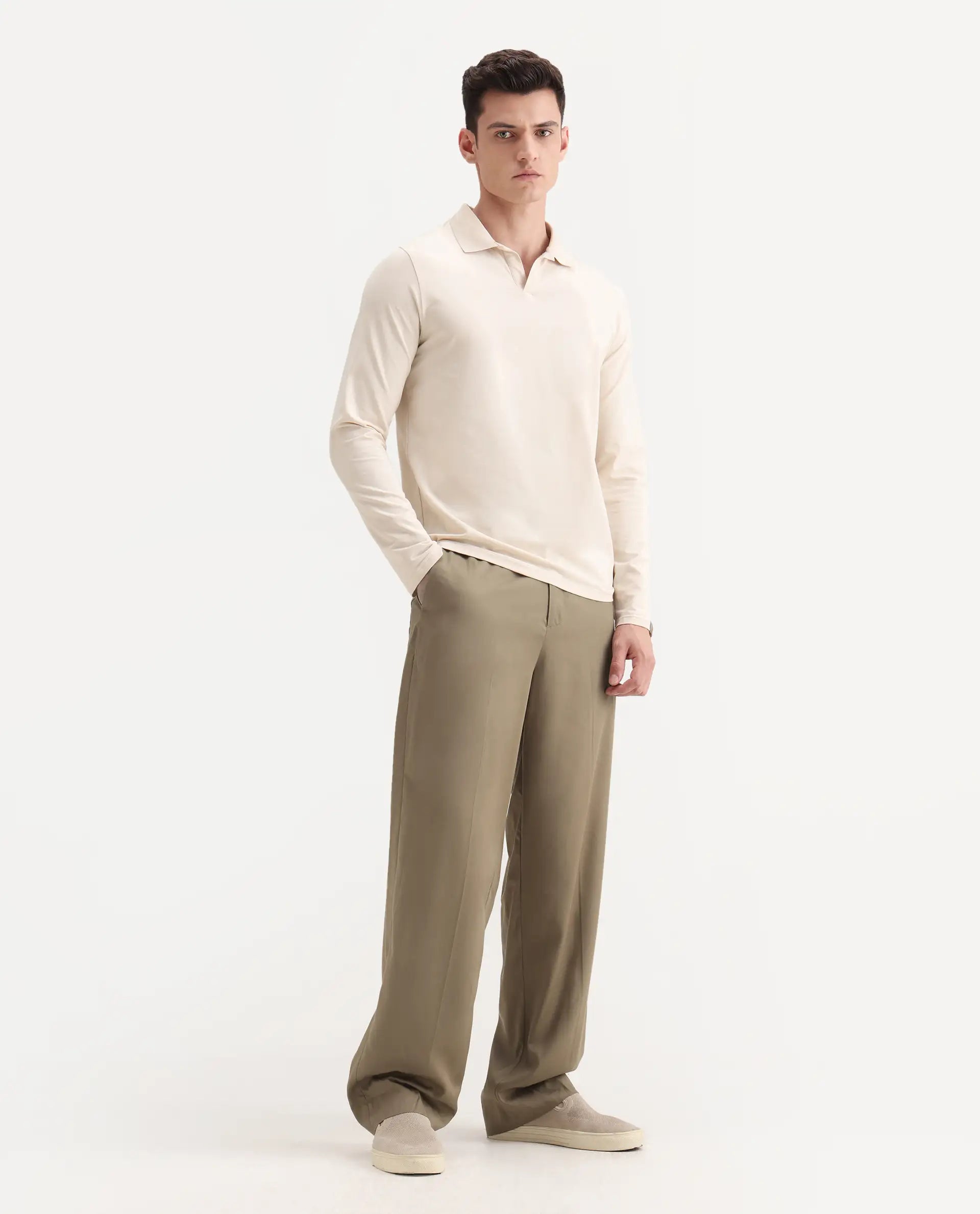 Rare Rabbit Men's Essot Khaki Cotton Blend Plain Baggy Fit Trouser