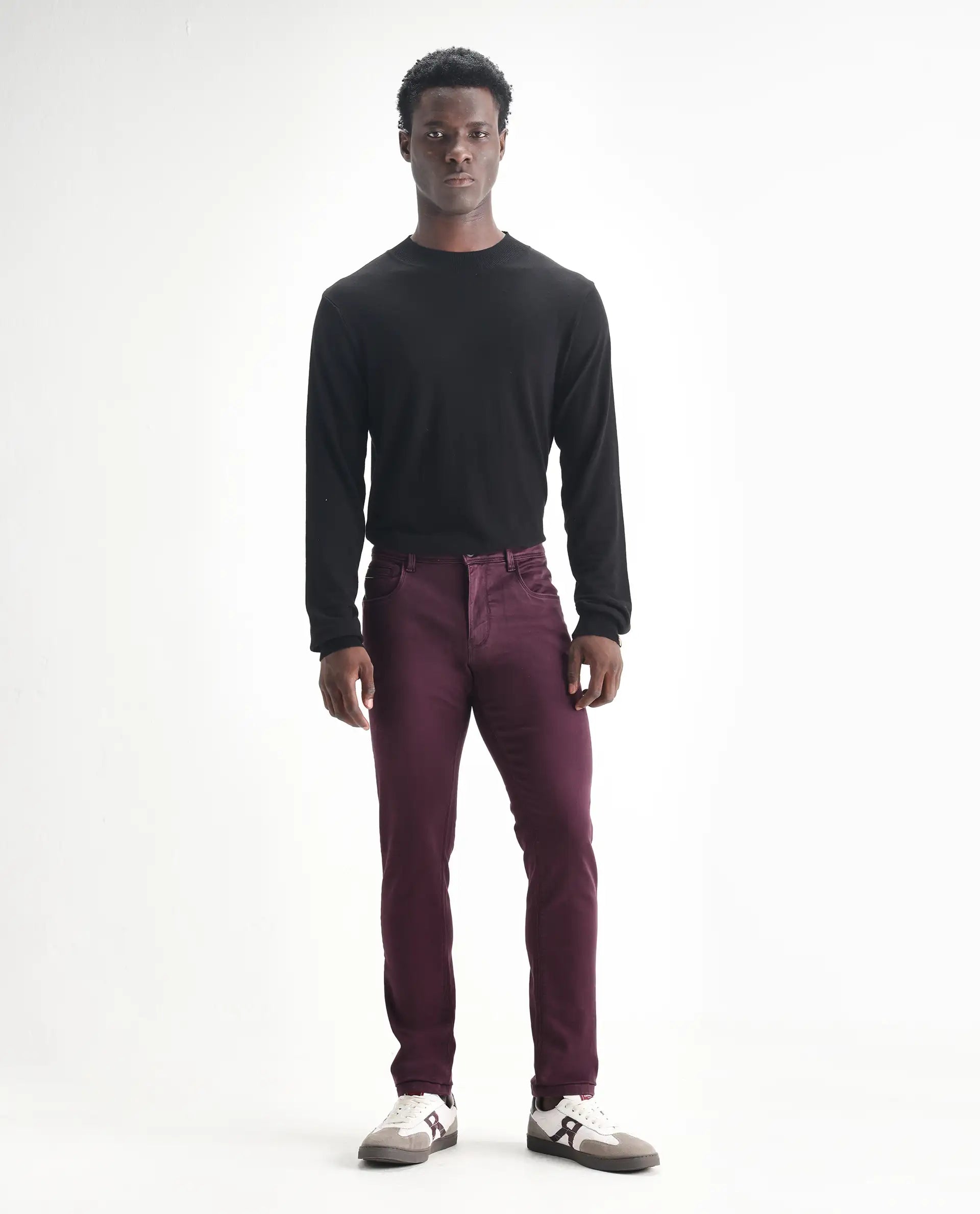 Rare Rabbit Men's Essen Dark Maroon Cotton Plain Hawk Slim Fit Jeans