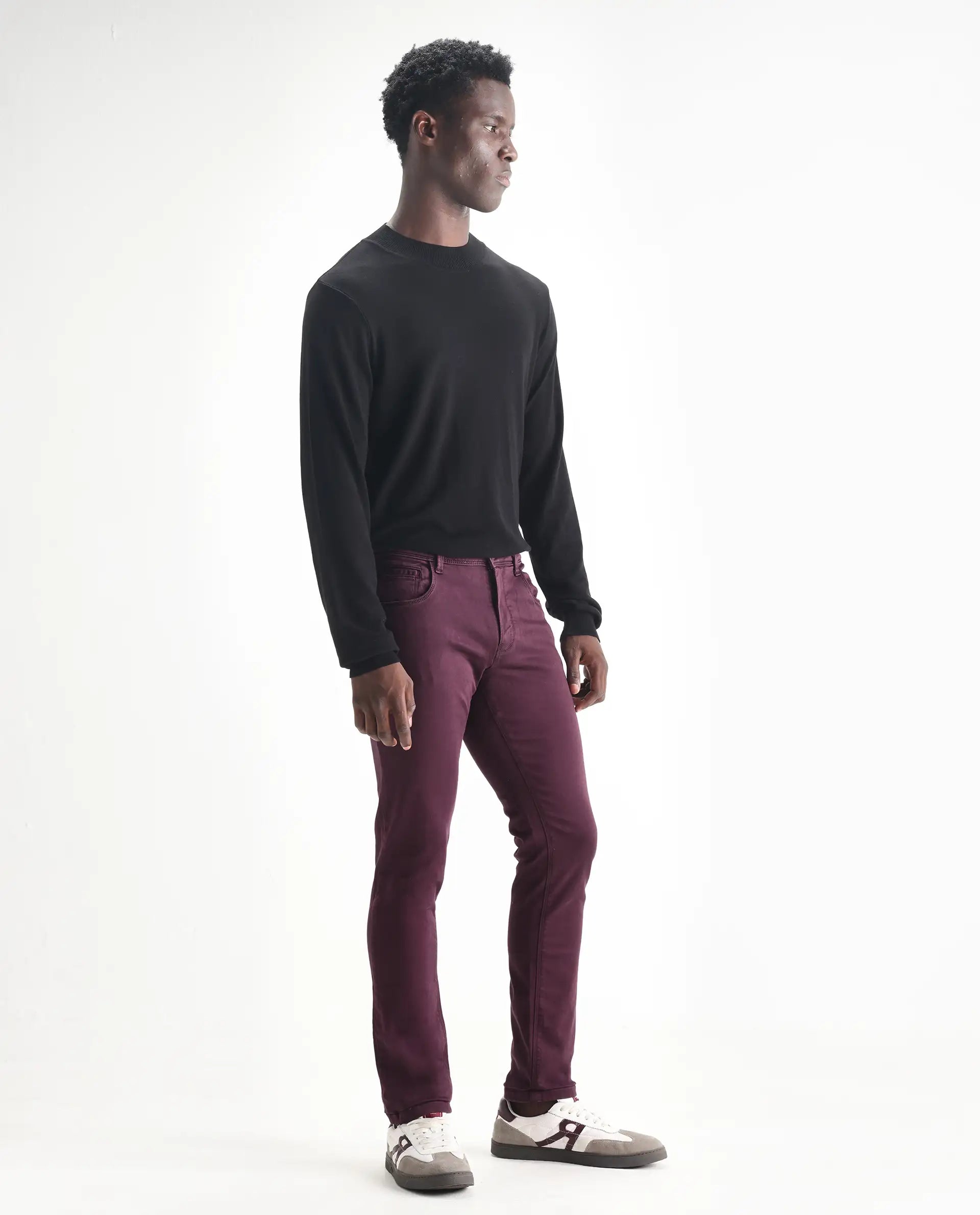 Rare Rabbit Men's Essen Dark Maroon Cotton Plain Hawk Slim Fit Jeans