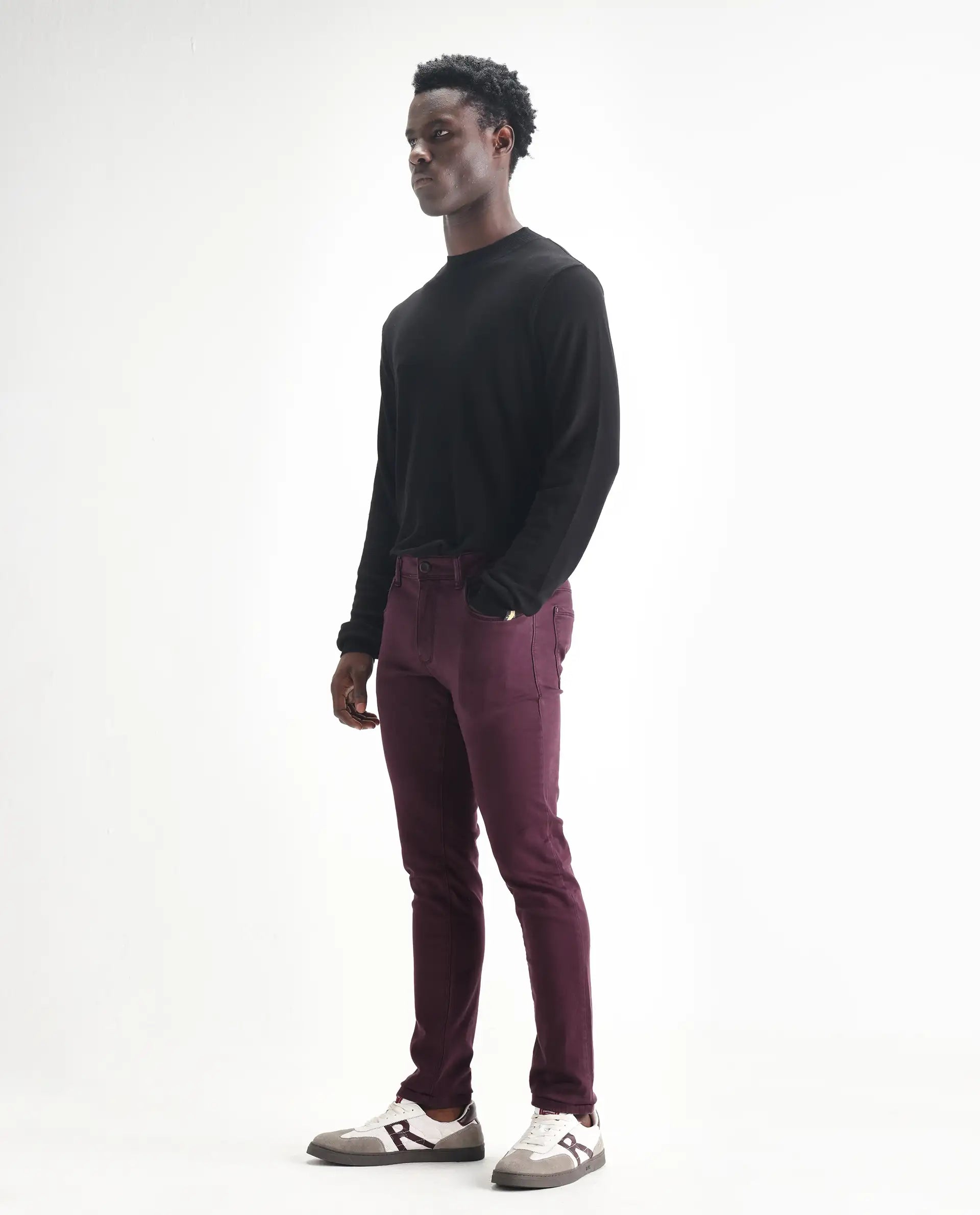 Rare Rabbit Men's Essen Dark Maroon Cotton Plain Hawk Slim Fit Jeans