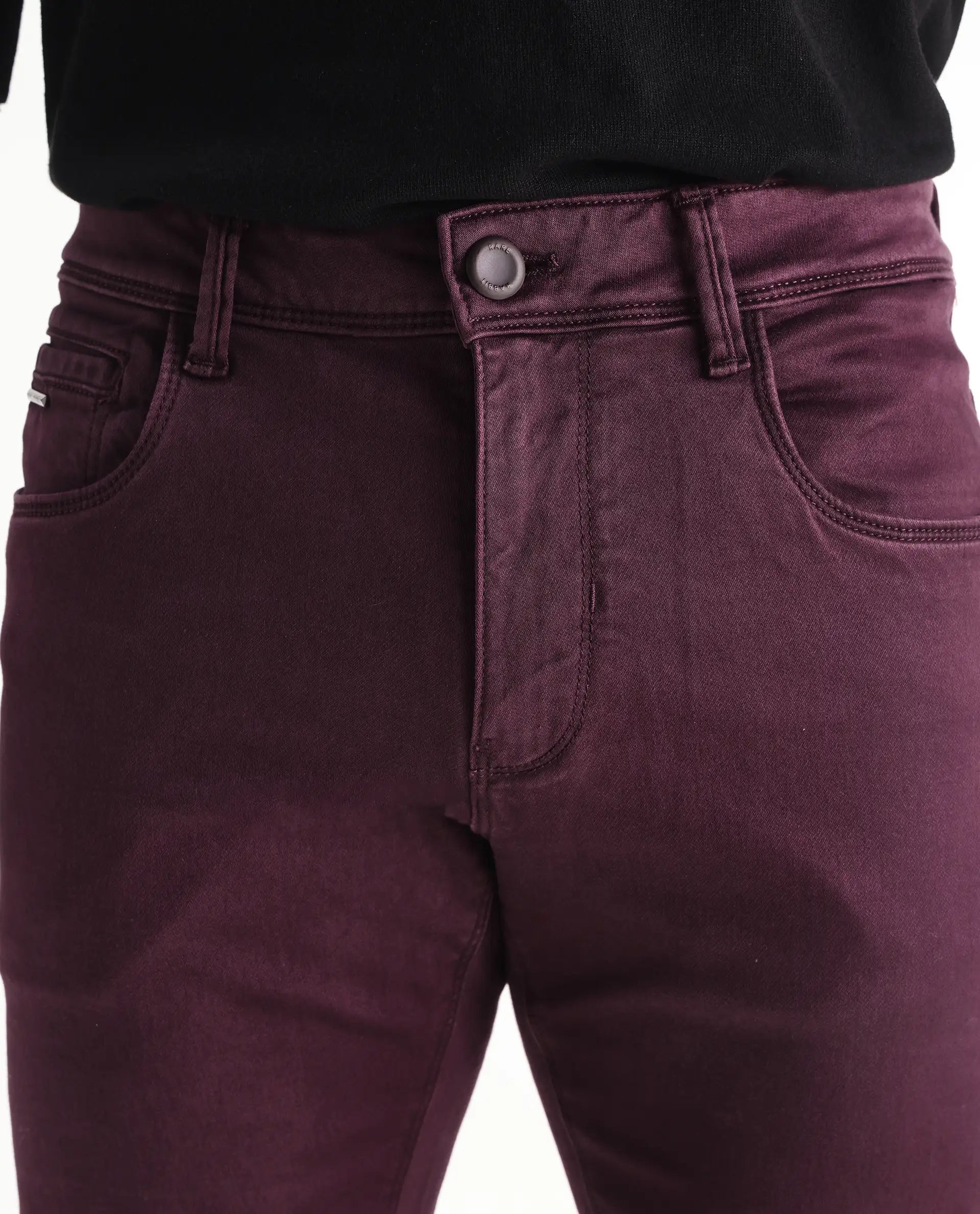 Rare Rabbit Men's Essen Dark Maroon Cotton Plain Hawk Slim Fit Jeans