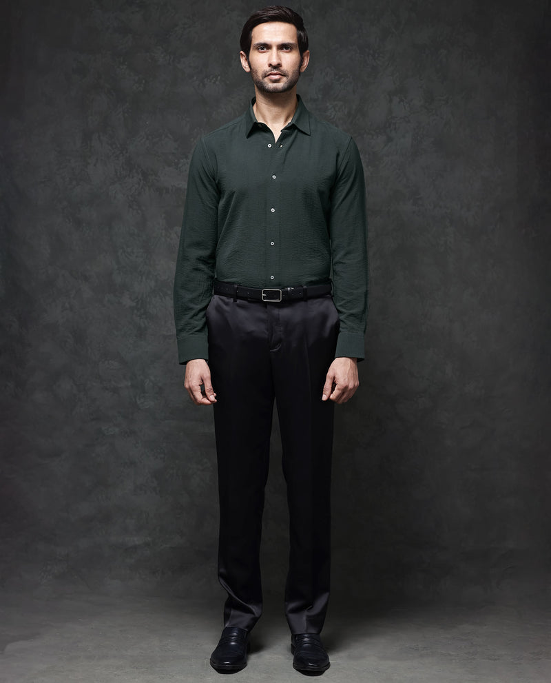Rare Rabbit Mens Esty Dark Green Viscose Nylon Fabric Full Sleeves Solid Twill Shirt