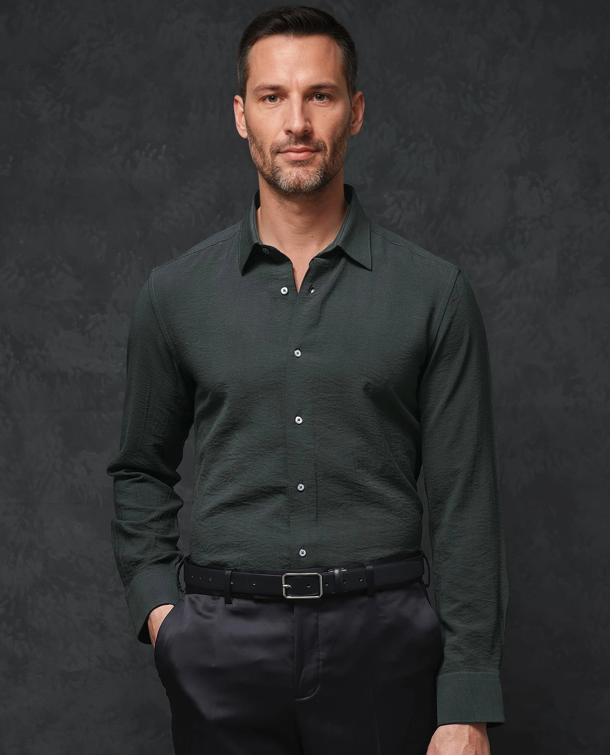 Rare Rabbit Mens Esty Dark Green Viscose Nylon Fabric Full Sleeves Solid Twill Shirt