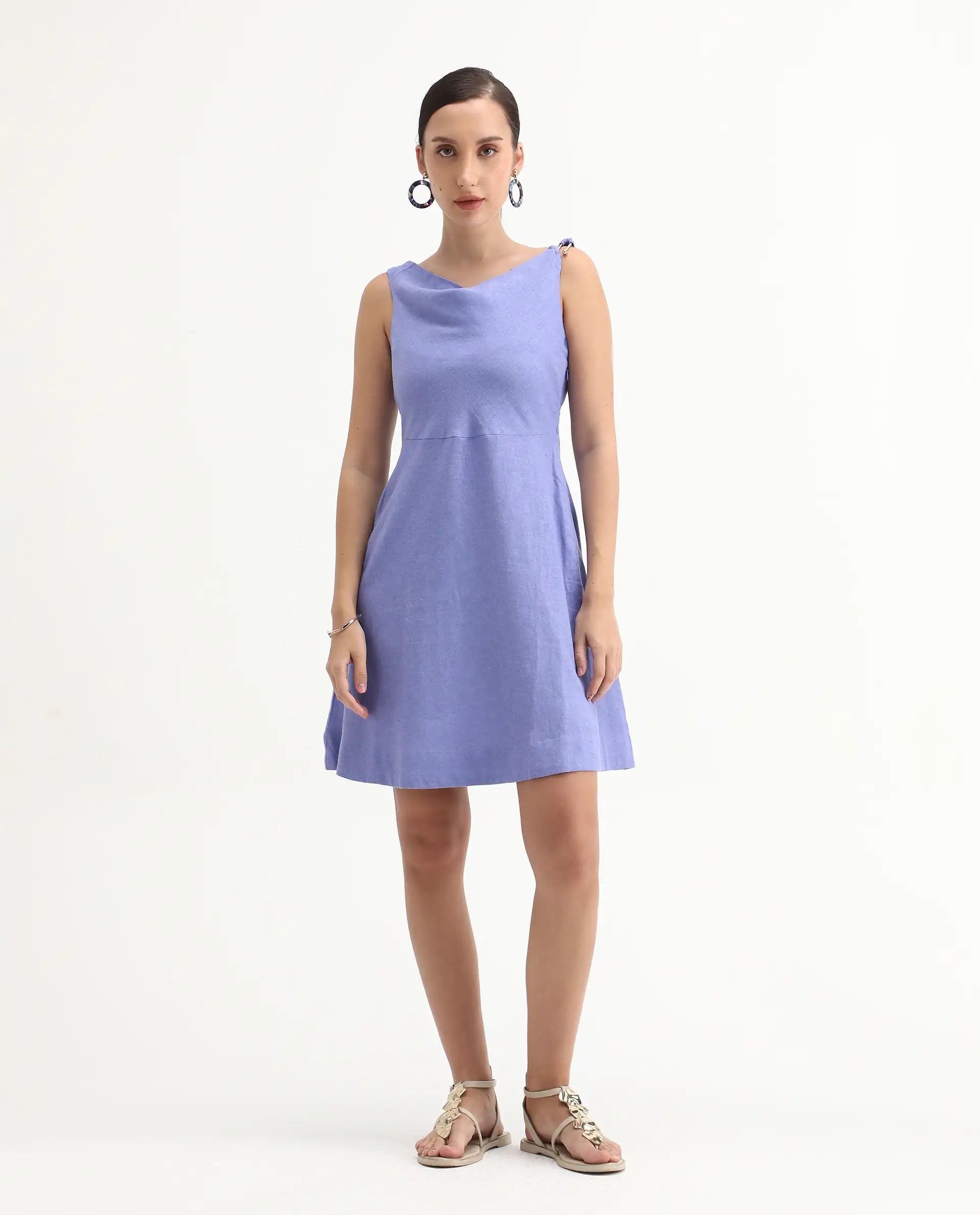 Rareism Women's Eswati Lilac Linen Cowl Neck Plain Sleeveless Knee Length Flared Dress