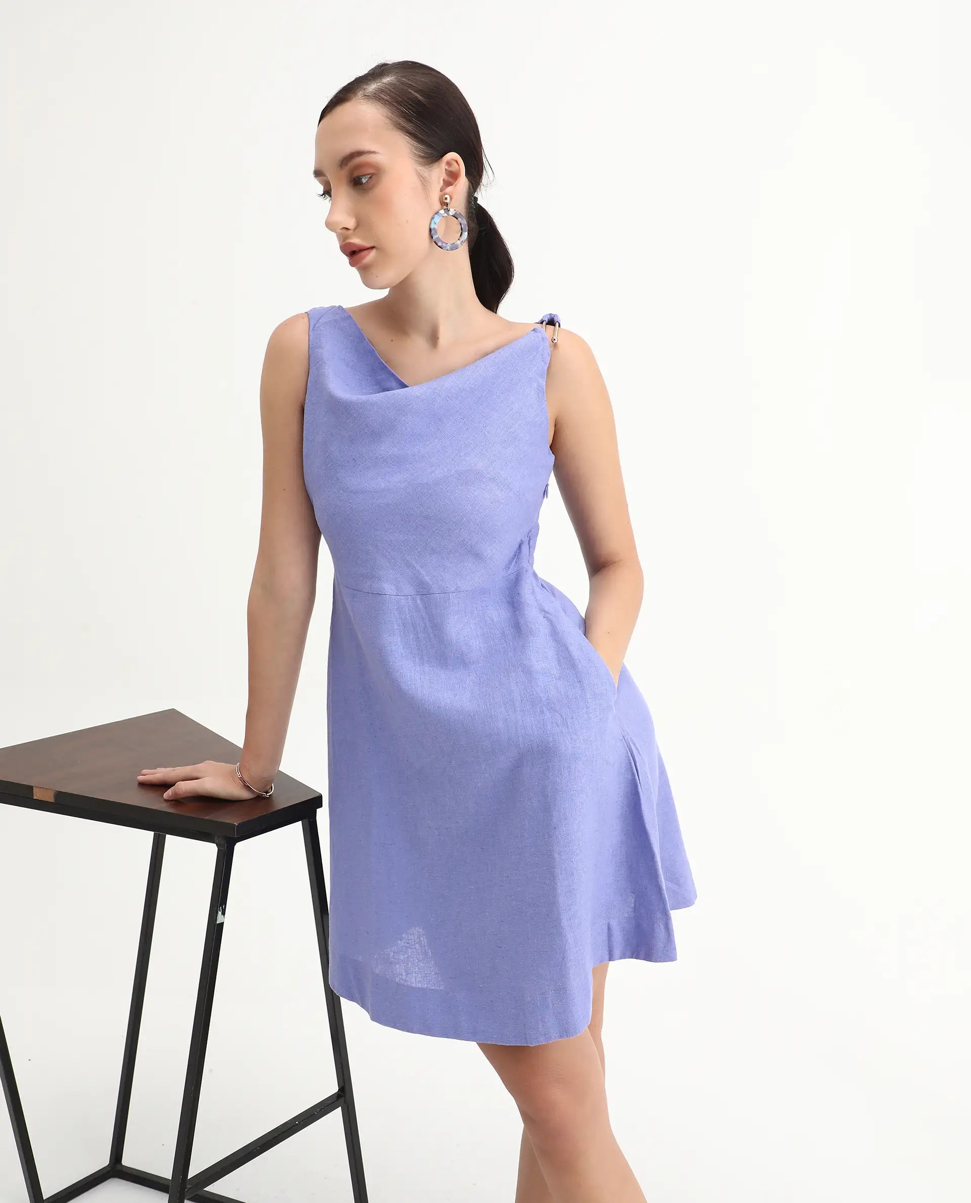 Rareism Women's Eswati Lilac Linen Cowl Neck Plain Sleeveless Knee Length Flared Dress