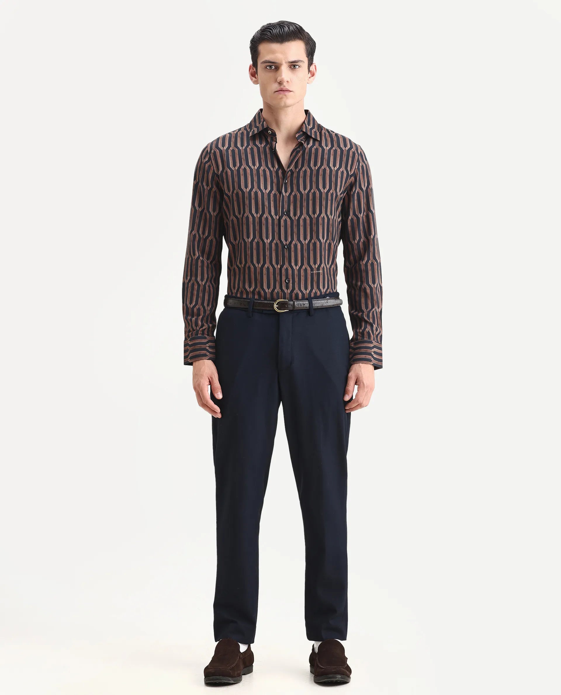 Rare Rabbit Men's Eten Black Cotton Geometric Print Regular Fit Full Sleeve Collared Shirt