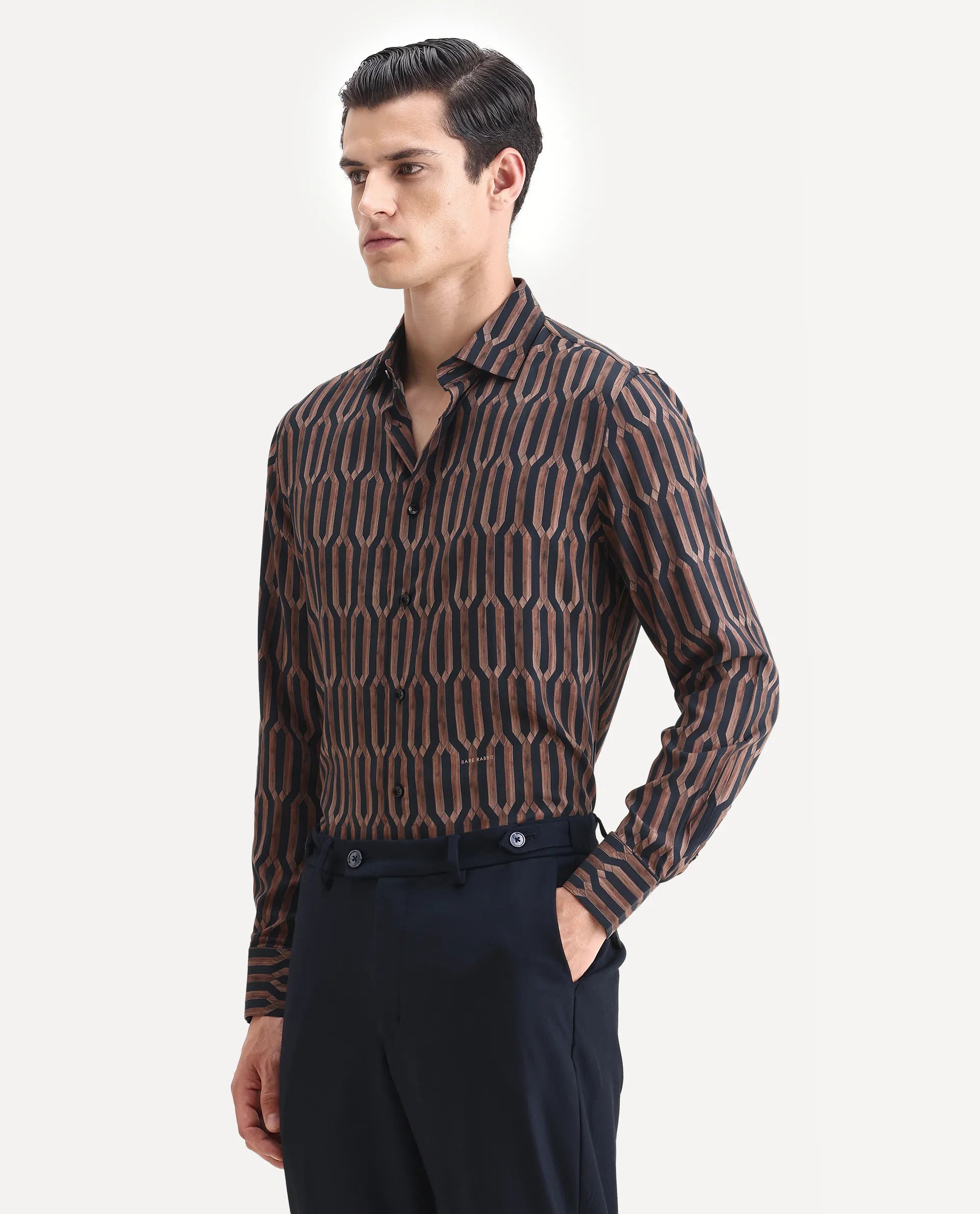 Rare Rabbit Men's Eten Black Cotton Geometric Print Regular Fit Full Sleeve Collared Shirt