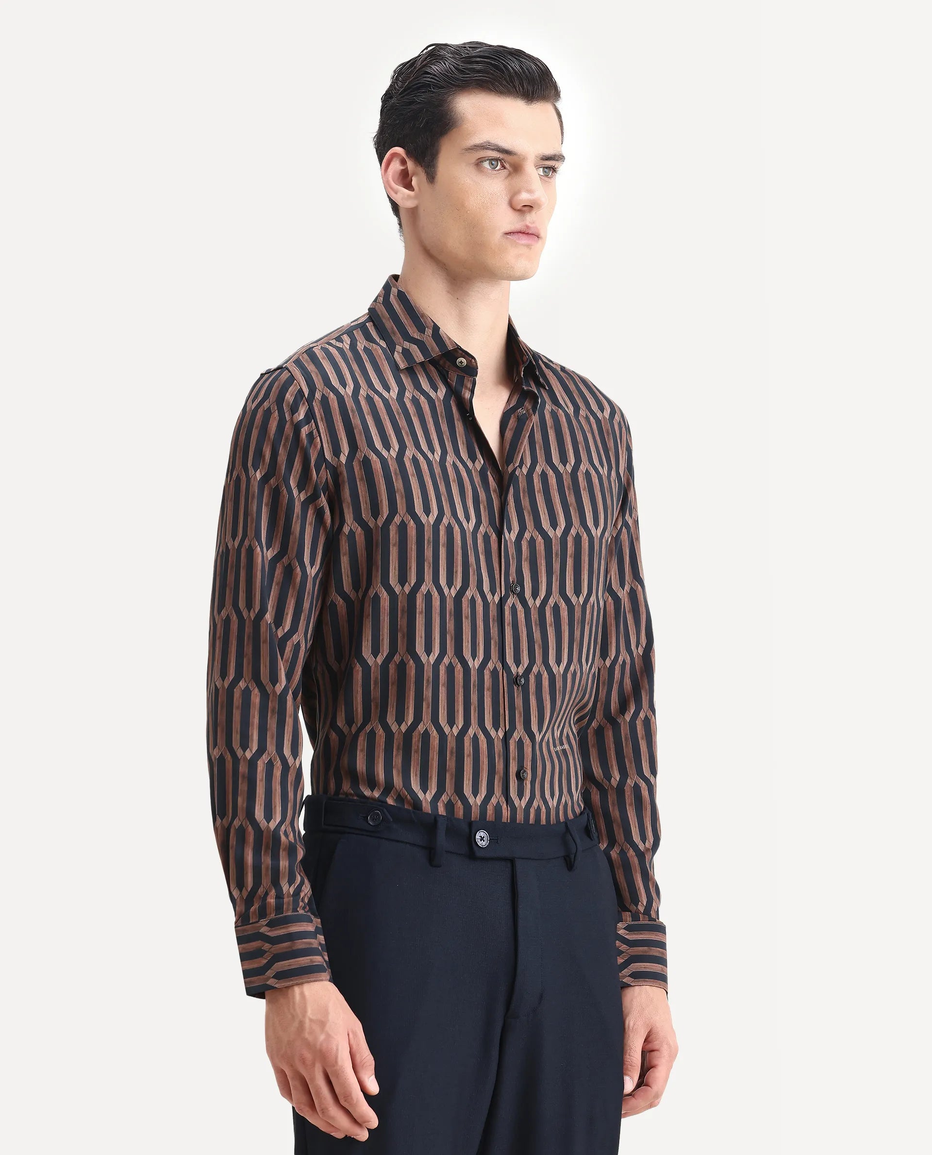 Rare Rabbit Men's Eten Black Cotton Geometric Print Regular Fit Full Sleeve Collared Shirt