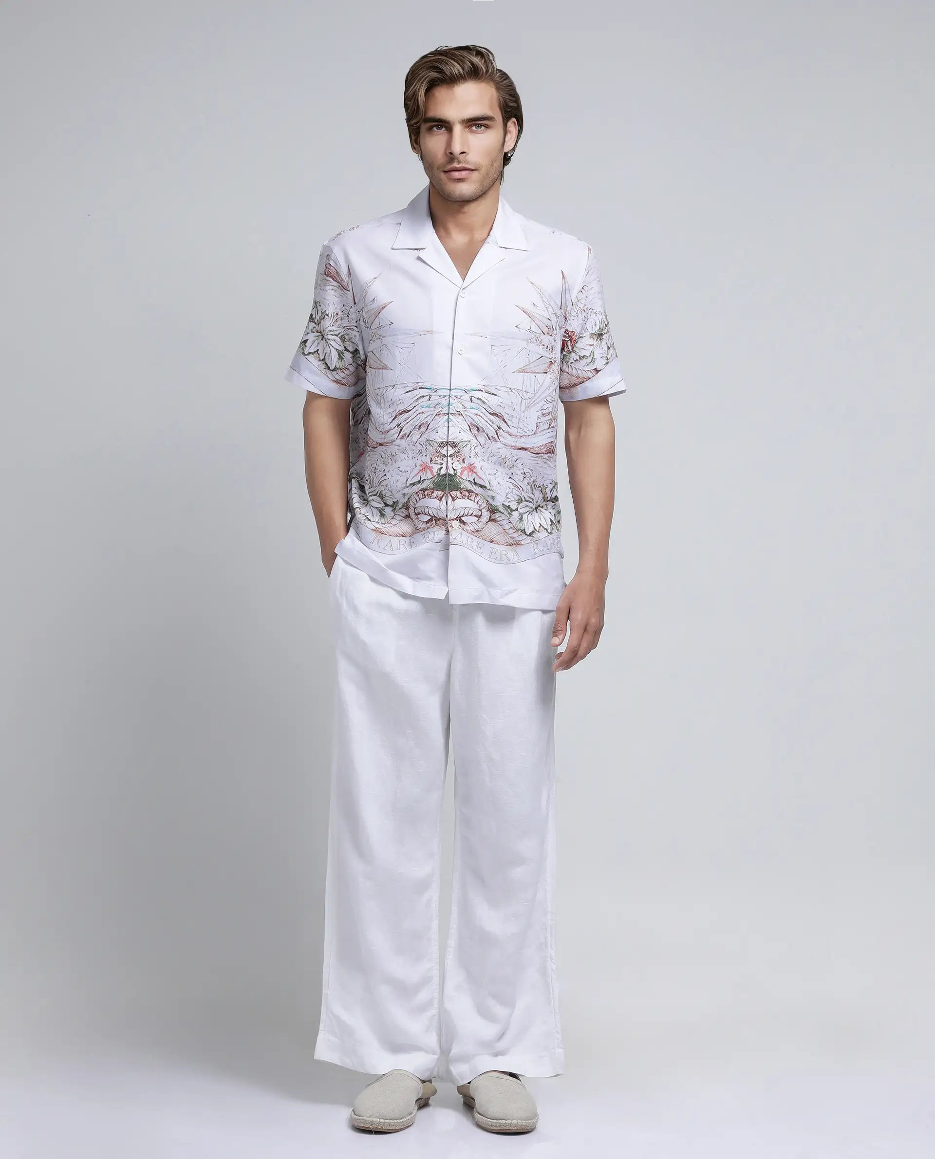 Rare Rabbit Men's Ethan Blue Cotton Modal Fabric Half Sleeve Spread Collar Button Closure Relaxed Fit Decorative Print Shirt