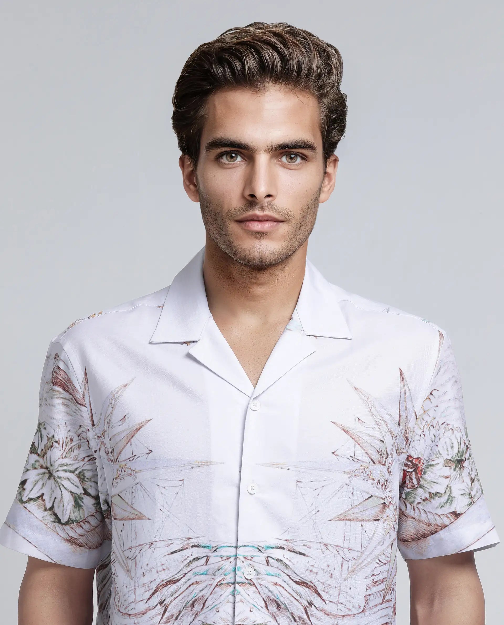 Rare Rabbit Men's Ethan Blue Cotton Modal Fabric Half Sleeve Spread Collar Button Closure Relaxed Fit Decorative Print Shirt