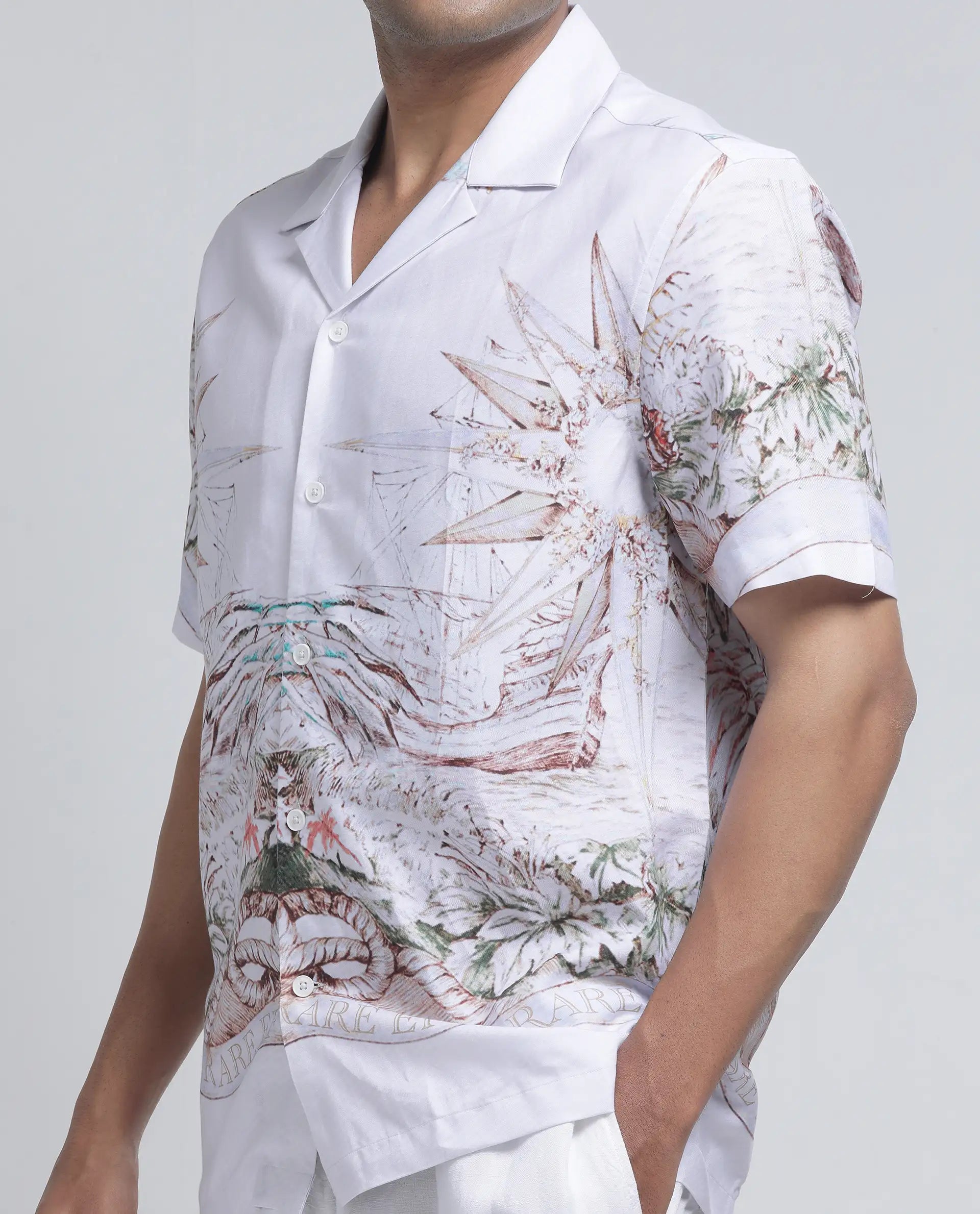 Rare Rabbit Men's Ethan Blue Cotton Modal Fabric Half Sleeve Spread Collar Button Closure Relaxed Fit Decorative Print Shirt