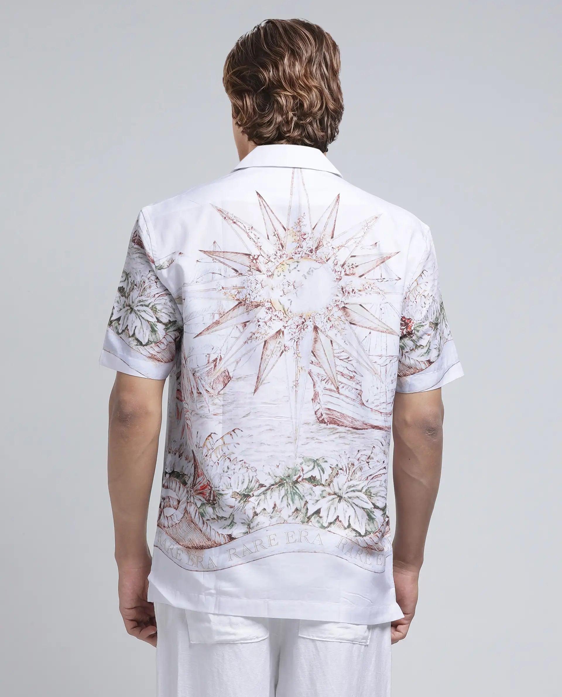 Rare Rabbit Men's Ethan Blue Cotton Modal Fabric Half Sleeve Spread Collar Button Closure Relaxed Fit Decorative Print Shirt