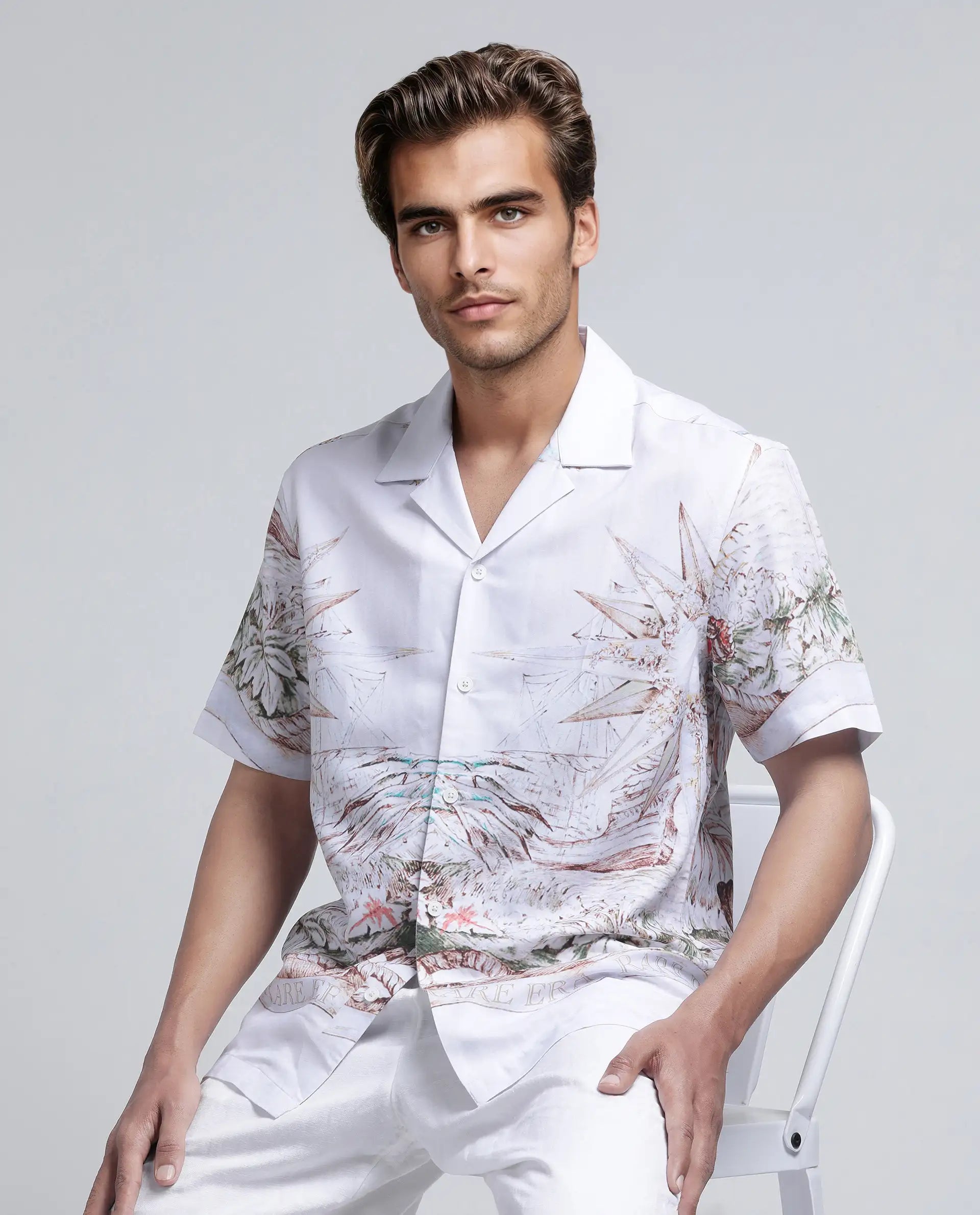 Rare Rabbit Men's Ethan Blue Cotton Modal Fabric Half Sleeve Spread Collar Button Closure Relaxed Fit Decorative Print Shirt