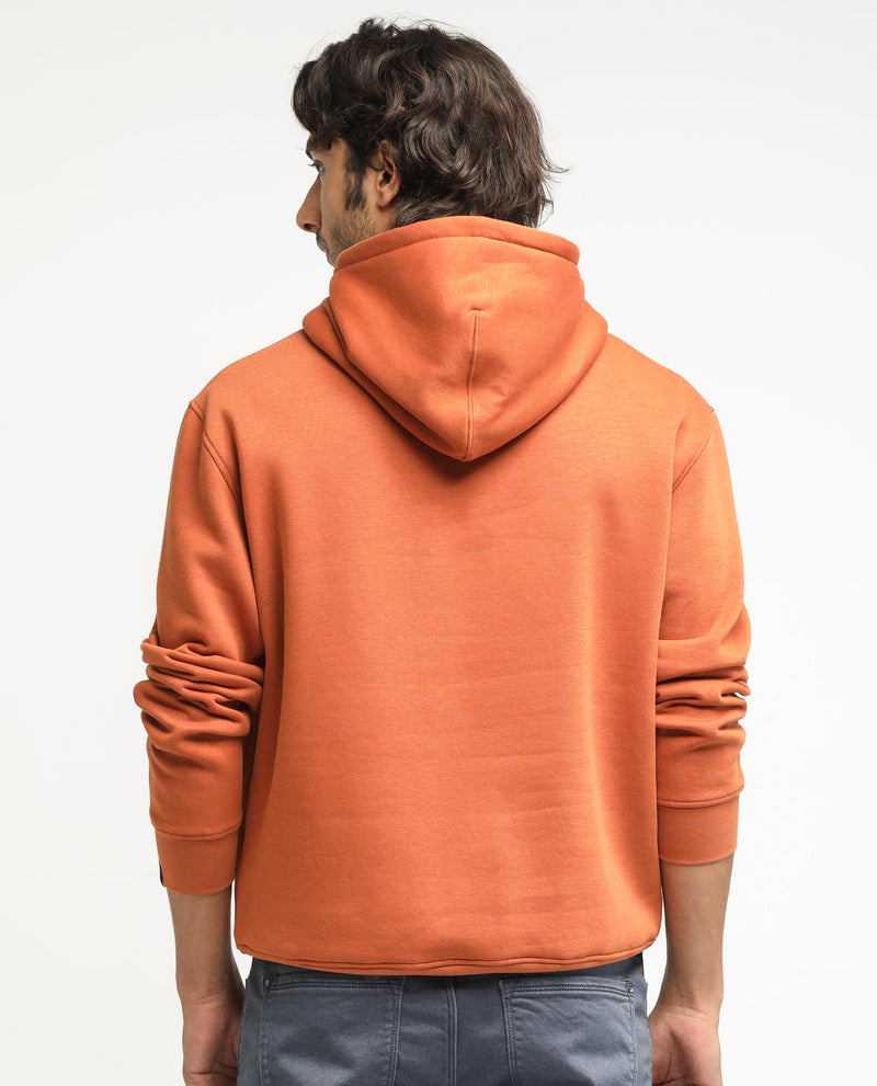 RARE RABBIT MENS ETHER RUST SWEATSHIRT COTTON POLYESTER FABRIC HOODED NECK KNITTED FULL SLEEVES COMFORTABLE FIT