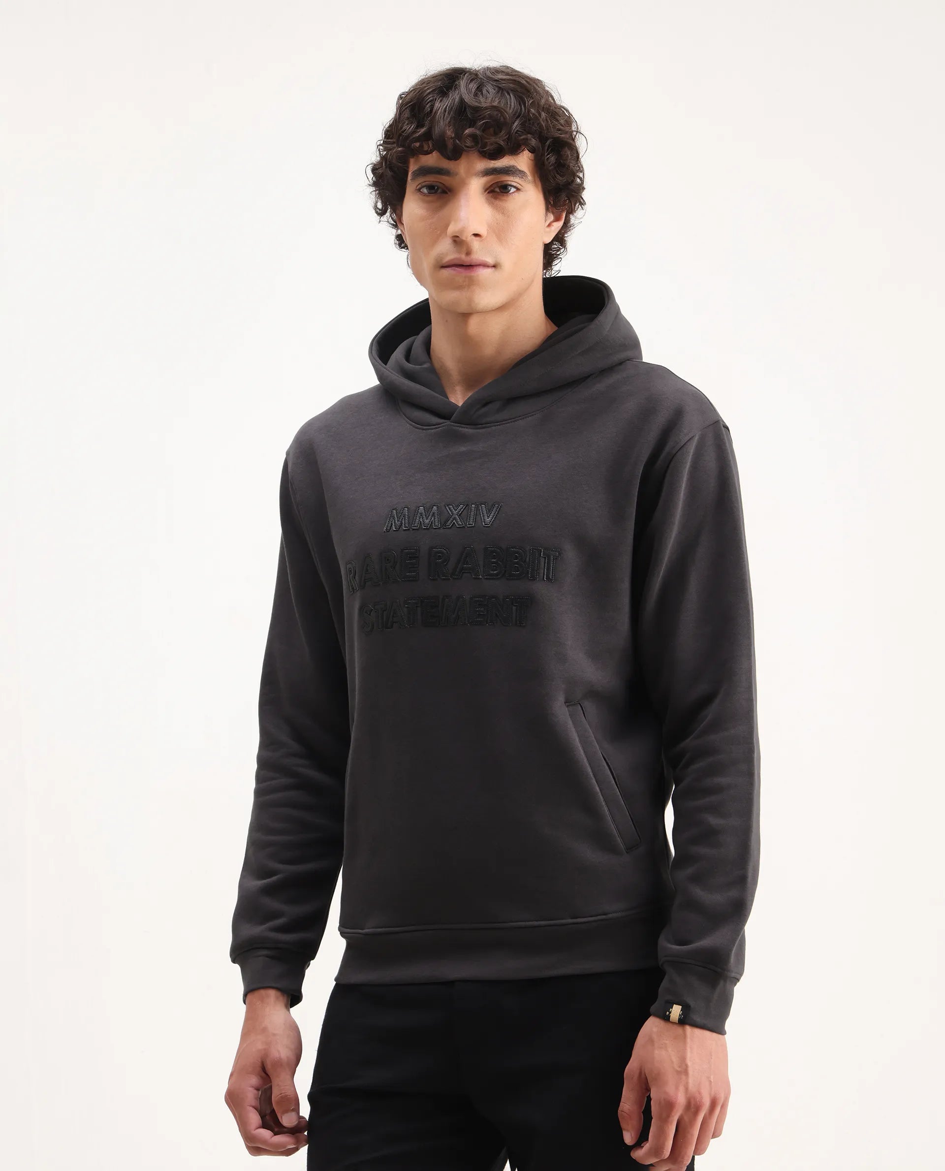 Rare Rabbit Men's Ether Dark Grey Cotton Embroidered Regular