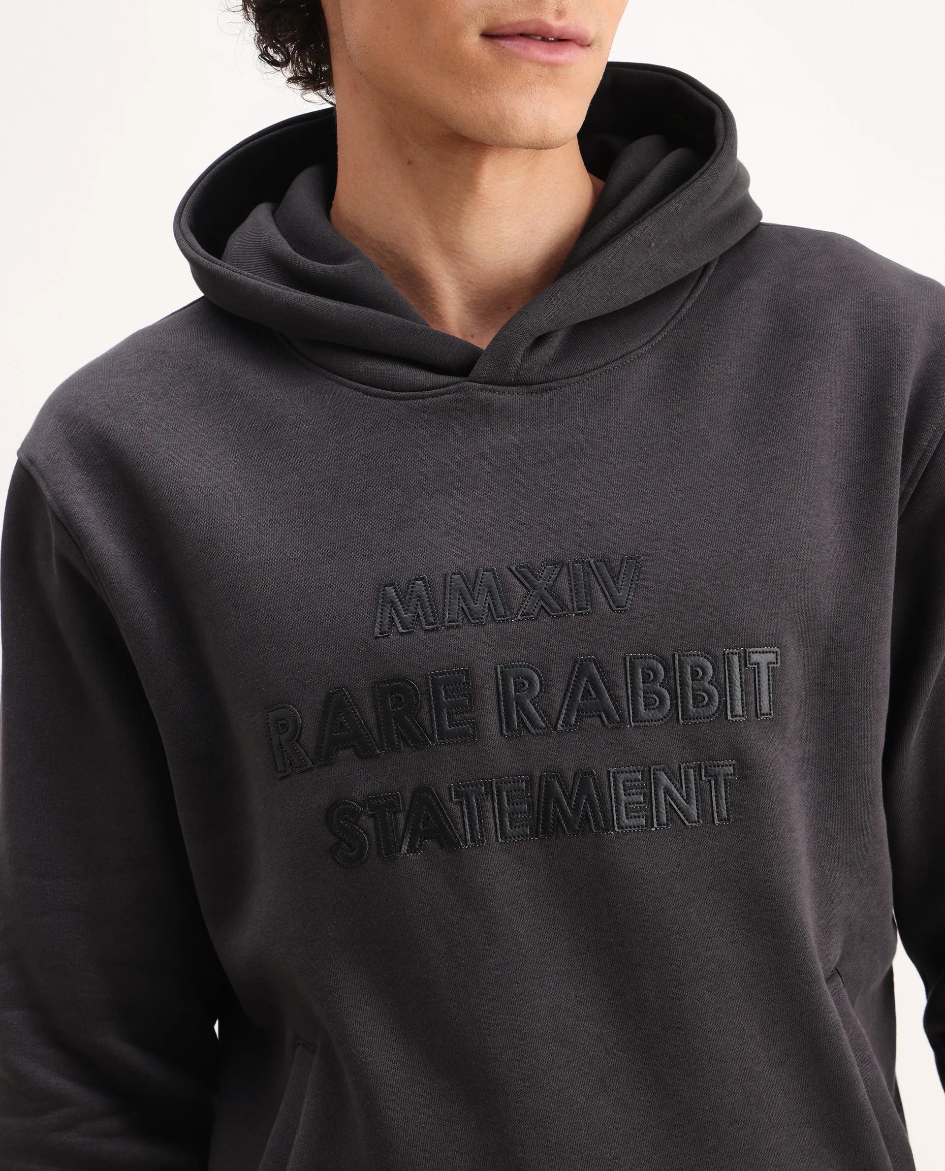 Rare Rabbit Men's Ether Dark Grey Cotton Embroidered Regular Fit Full Sleeve Hooded Sweatshirt