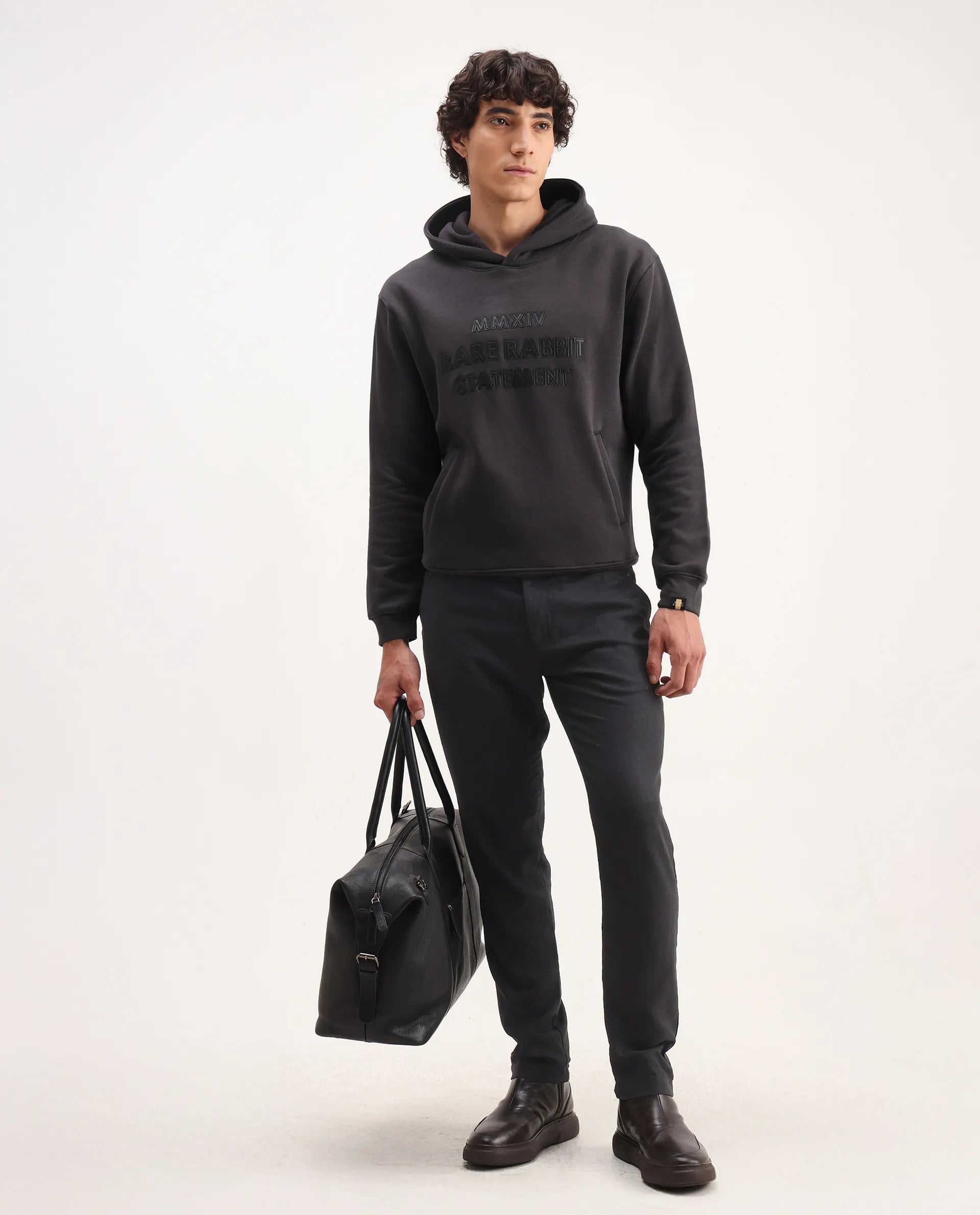 Rare Rabbit Men's Ether Dark Grey Cotton Embroidered Regular Fit Full Sleeve Hooded Sweatshirt