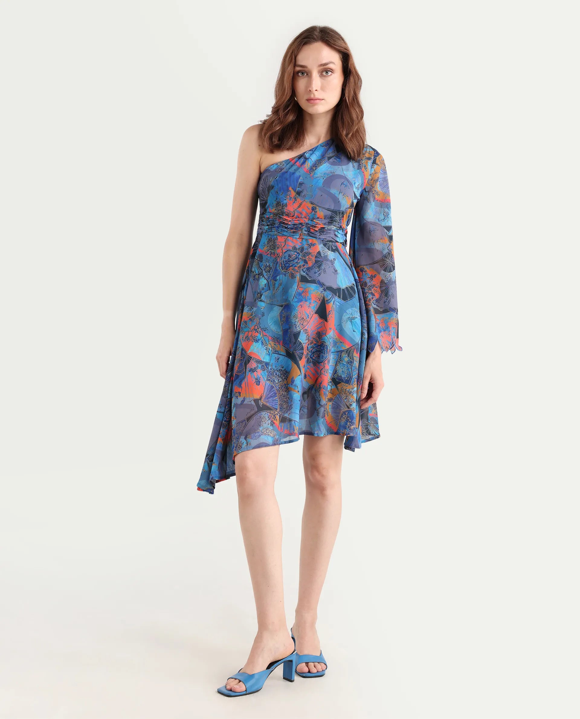 Rareism Women's Ethiopi Blue Polyester One Shoulder Abstract Print Asymmetric Sleeve Knee Length Asymmetric Dress