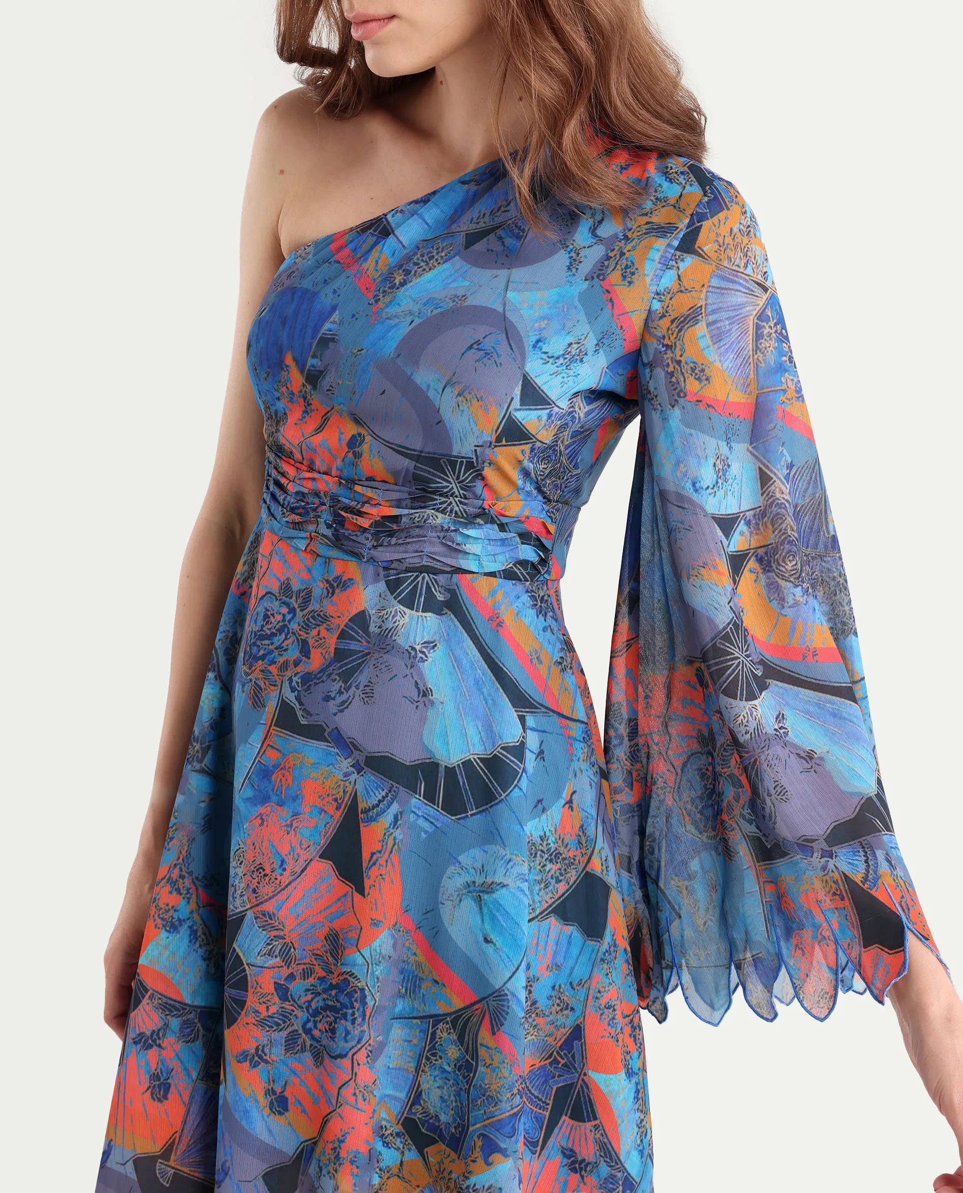 Rareism Women's Ethiopi Blue Polyester One Shoulder Abstract Print Asymmetric Sleeve Knee Length Asymmetric Dress