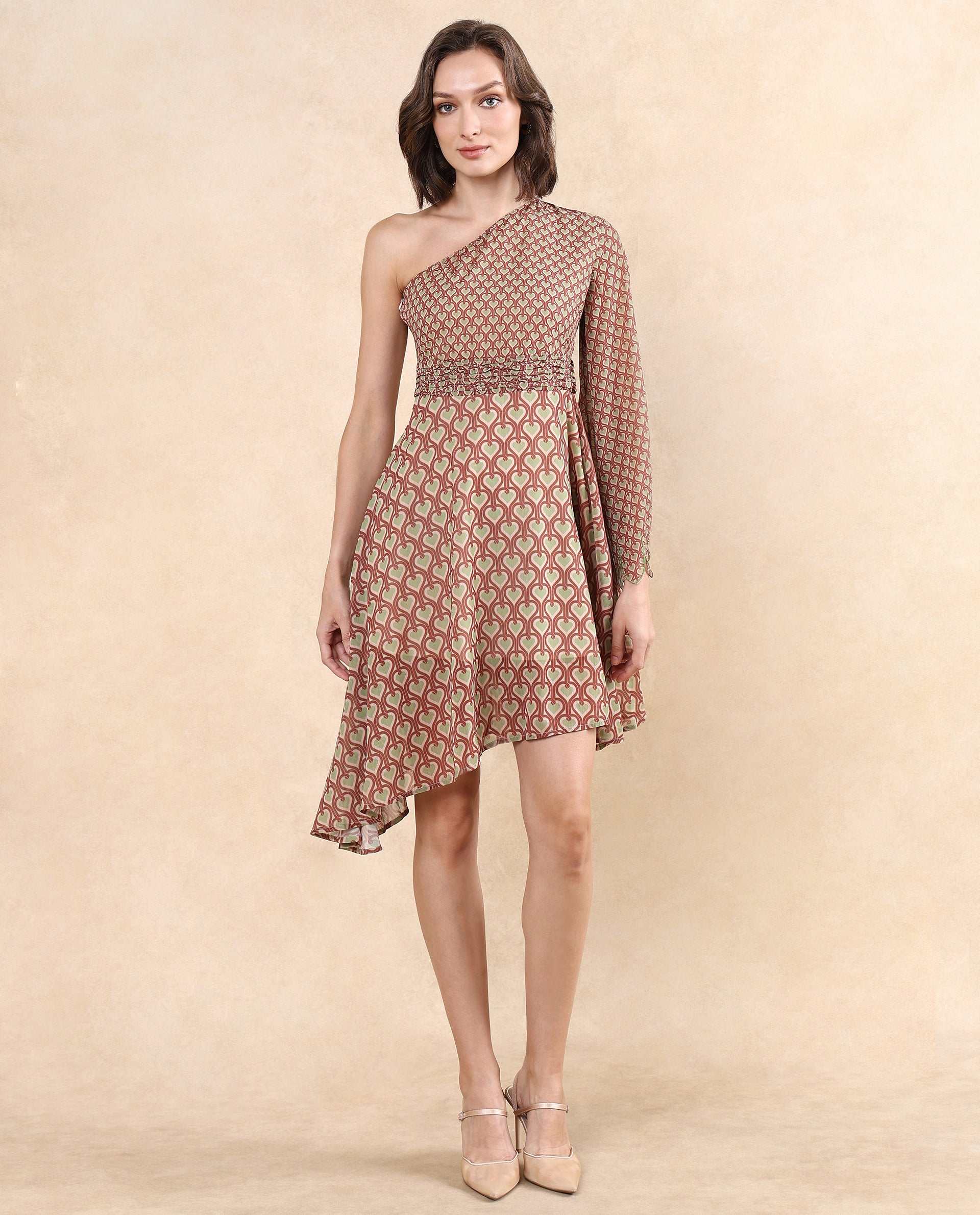 Rareism Women's Ethiopig Multi  One Shoulder Zipper Closure Asymmetric Sleeve Geometric Print Asymmetric Knee Length Dress