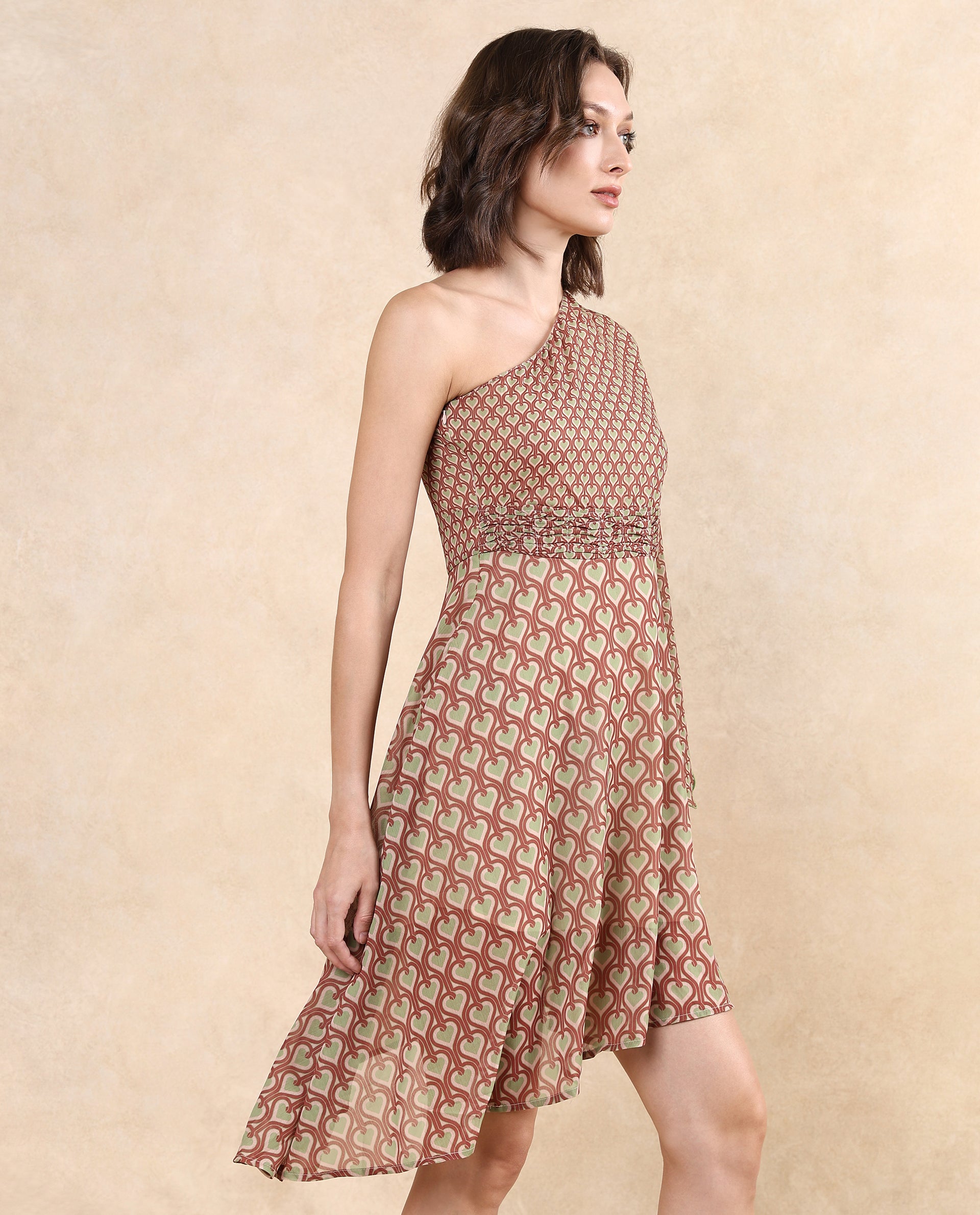 Rareism Women's Ethiopig Multi  One Shoulder Zipper Closure Asymmetric Sleeve Geometric Print Asymmetric Knee Length Dress