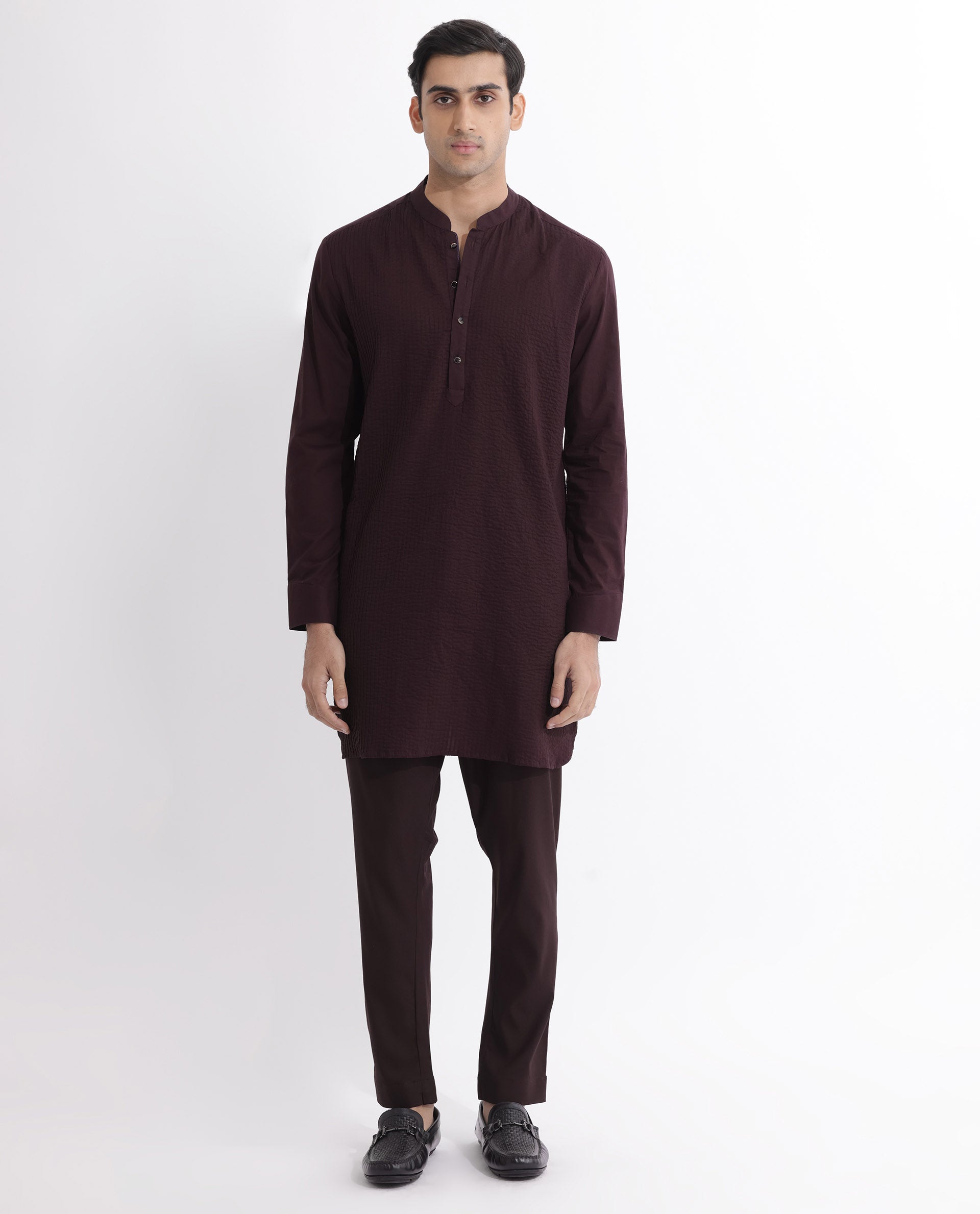 Rare Rabbit Men's Ethnic Maroon Cotton Fabric Mandarin Collar Full Sleeves Pintuck Kurta