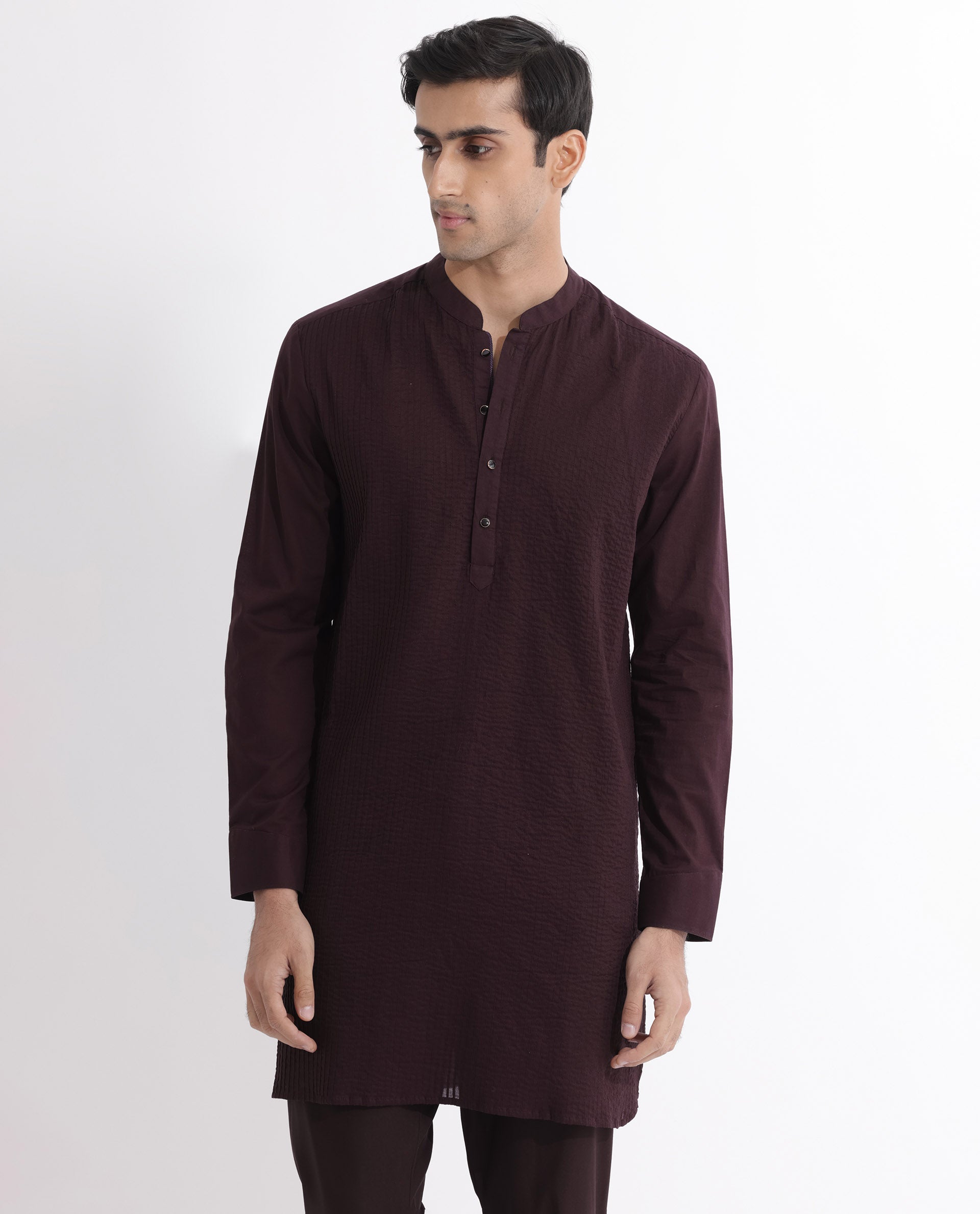 Rare Rabbit Men's Ethnic Maroon Cotton Fabric Mandarin Collar Full Sleeves Pintuck Kurta